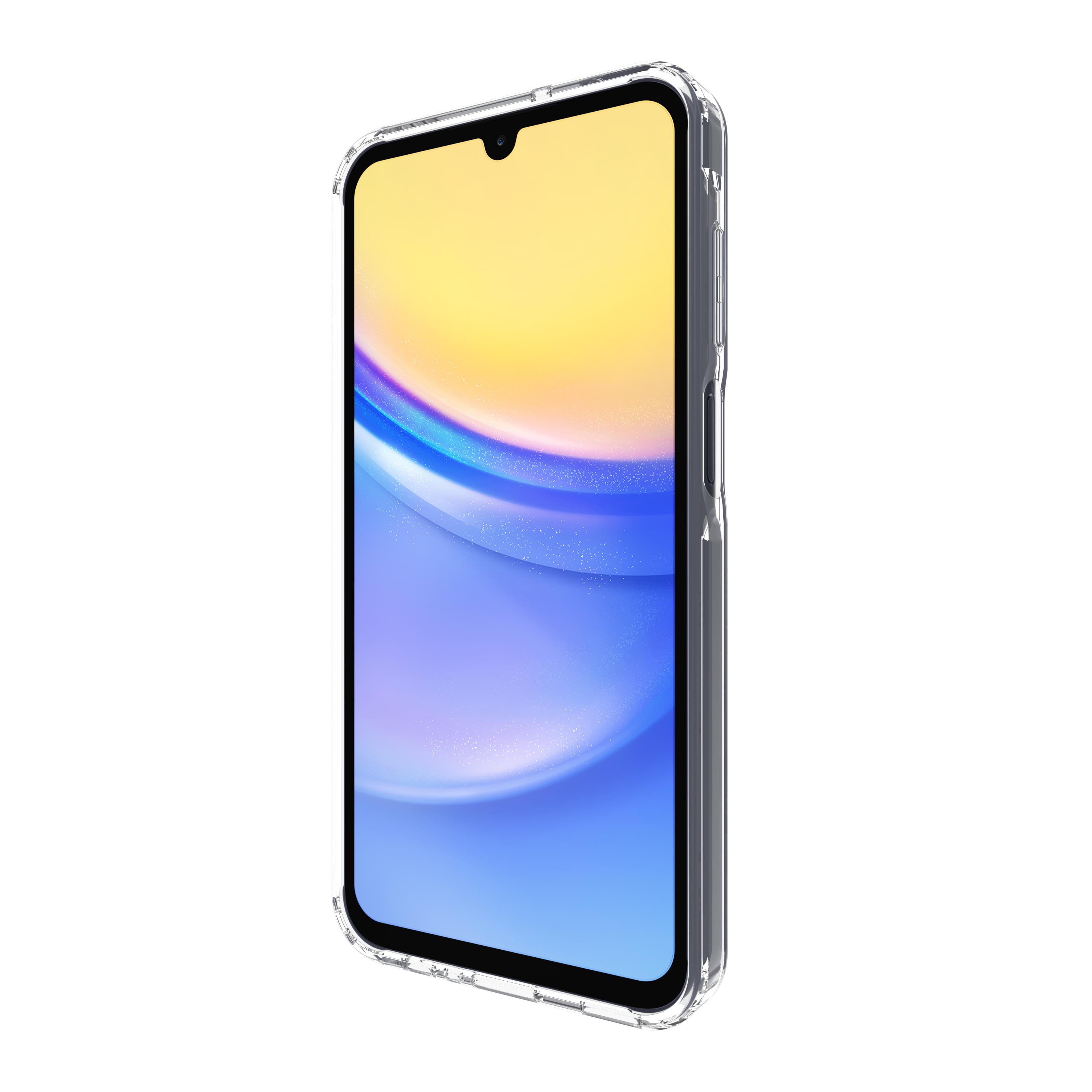 Uno smartphone in una custodia trasparente. Lo schermo mostra uno sfondo colorato.