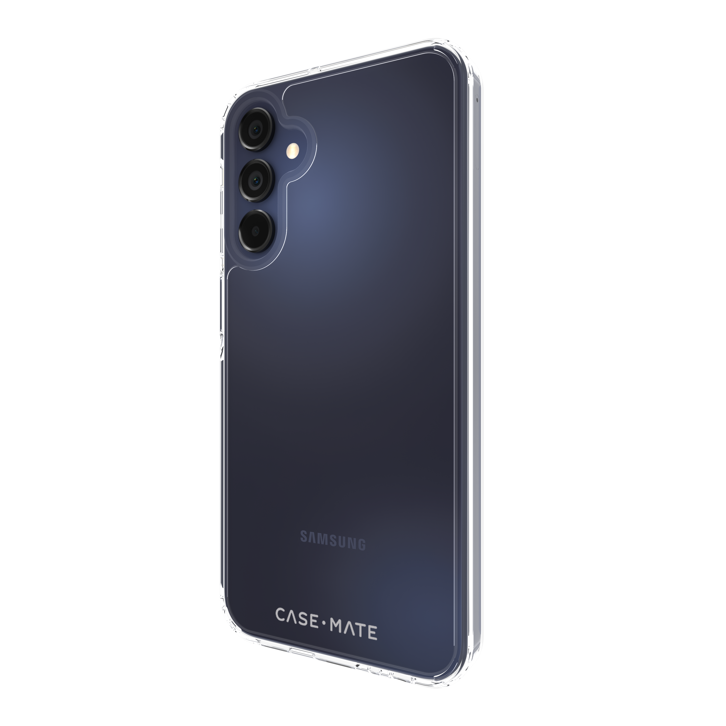 Una custodia trasparente su un telefono blu. Sono visibili tre obiettivi della fotocamera.