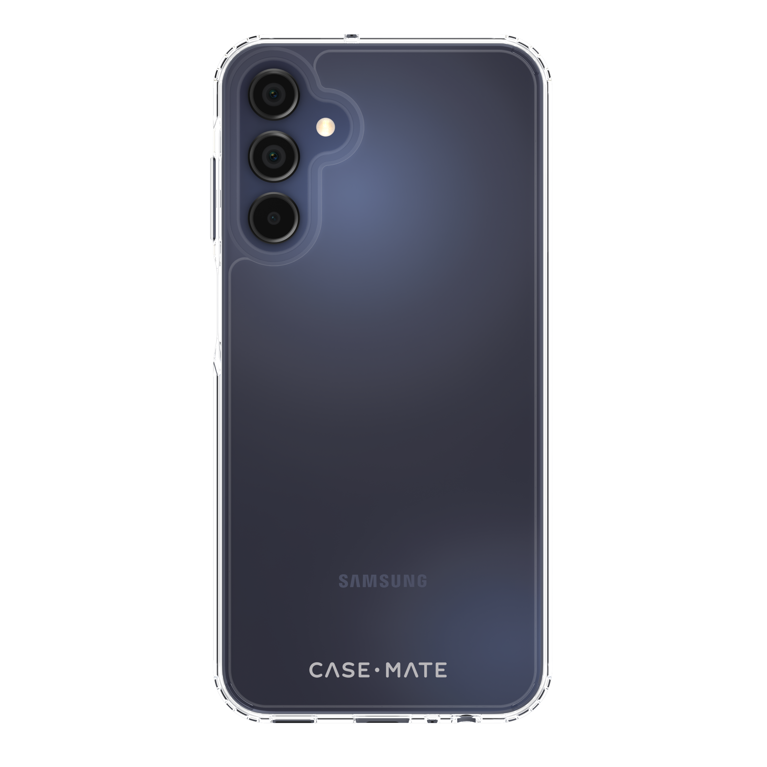 Custodia trasparente per telefono su un telefono blu scuro. La custodia ha un bordo trasparente. Il telefono ha tre fotocamere.