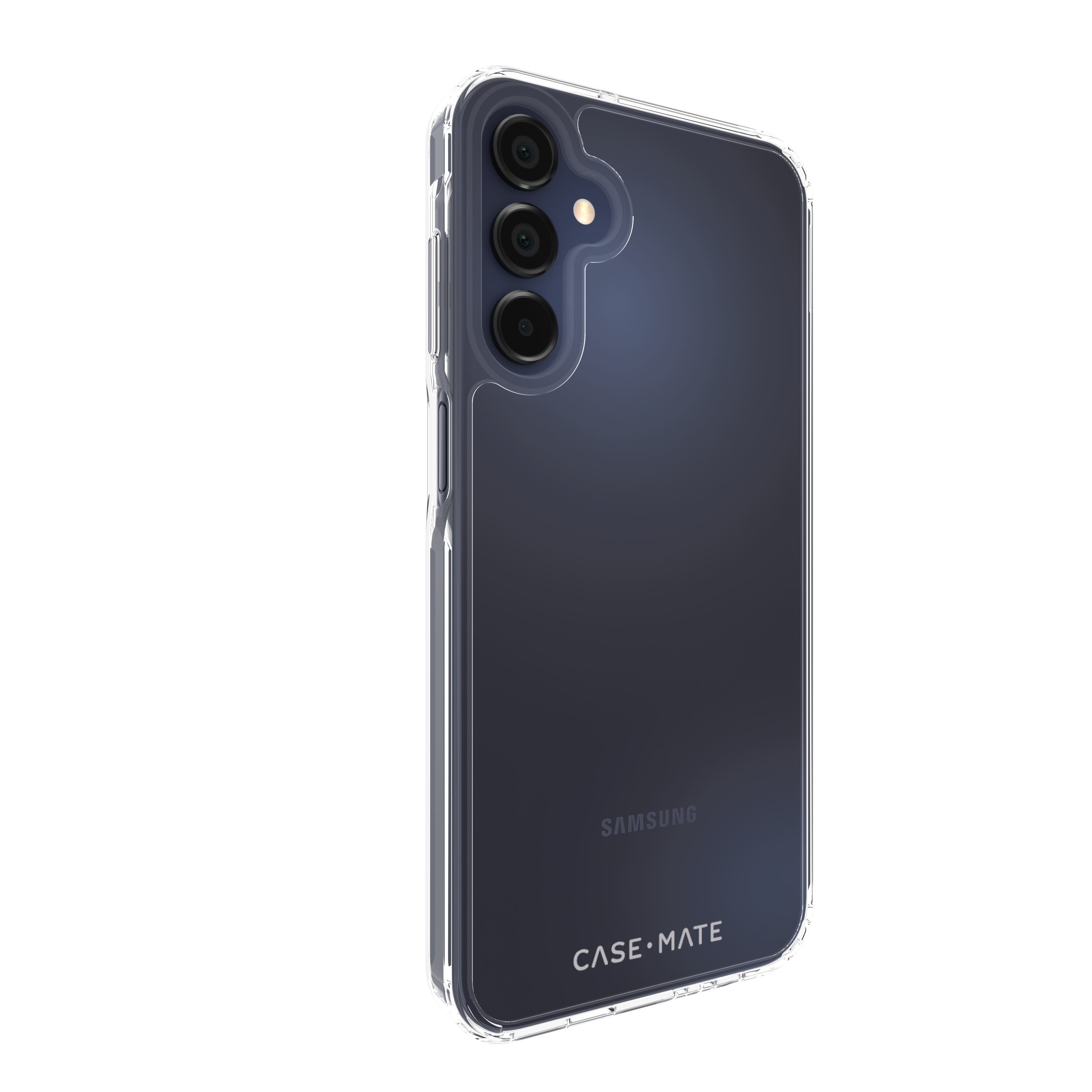 Custodia trasparente per telefono su un telefono blu scuro. Sfondo nero, vista laterale.