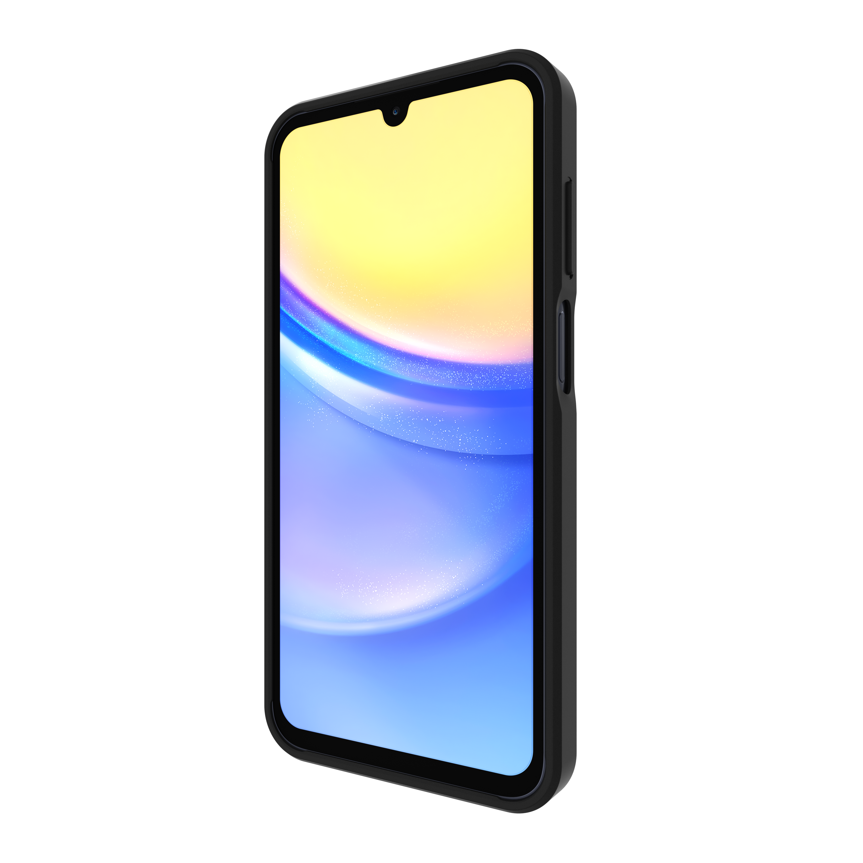 Telefono nero in una custodia nera. Il display mostra uno sfondo astratto colorato.