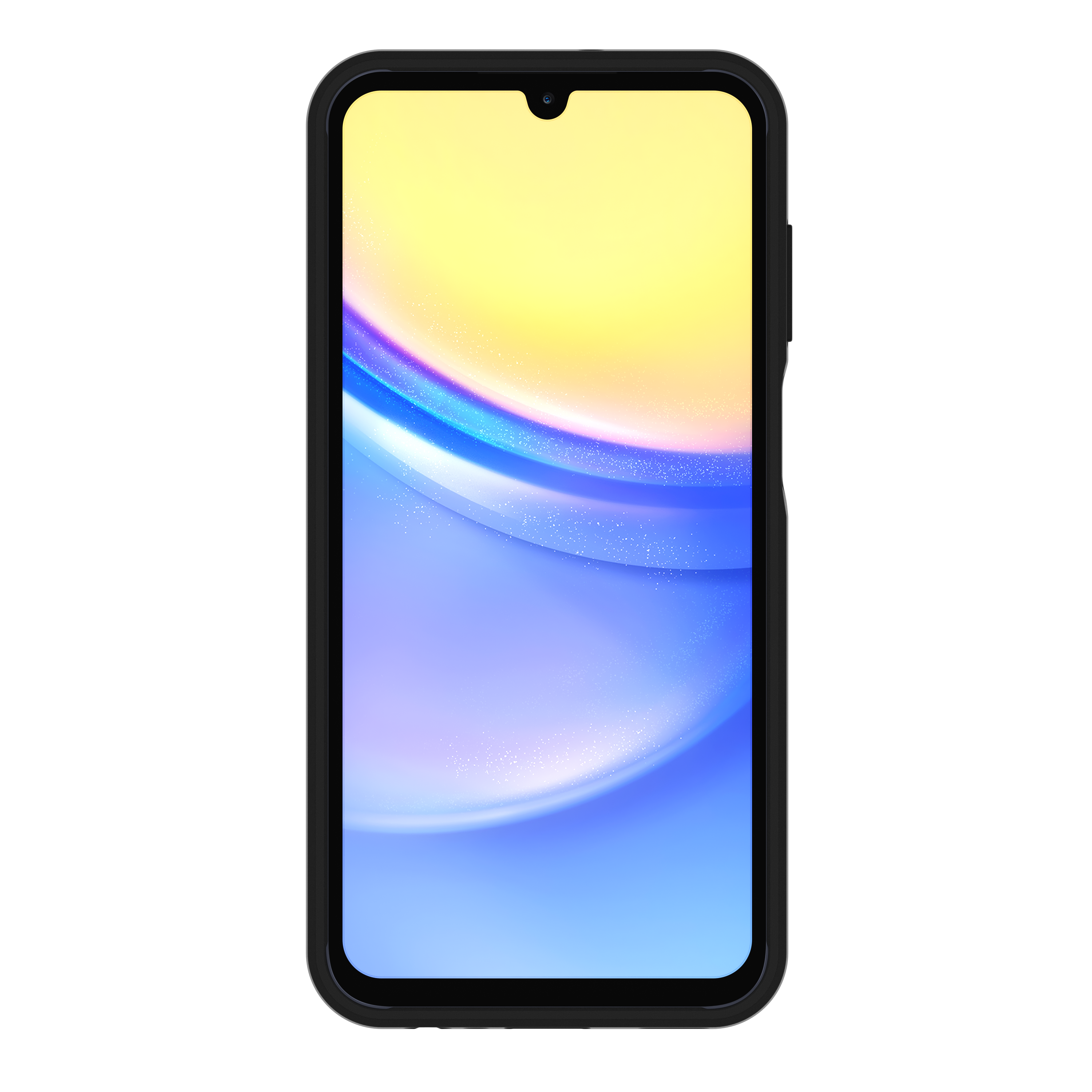 Uno smartphone nero con schermo colorato su sfondo nero.