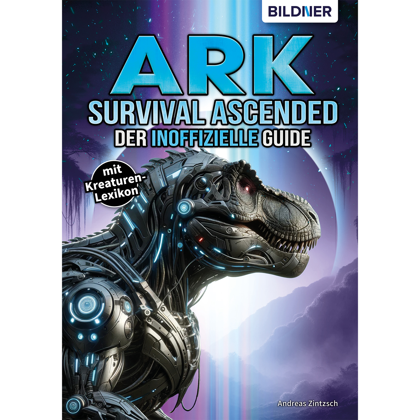 Buchcover für ARK: Survival Ascended, mit einem Dinosaurier und Titel.