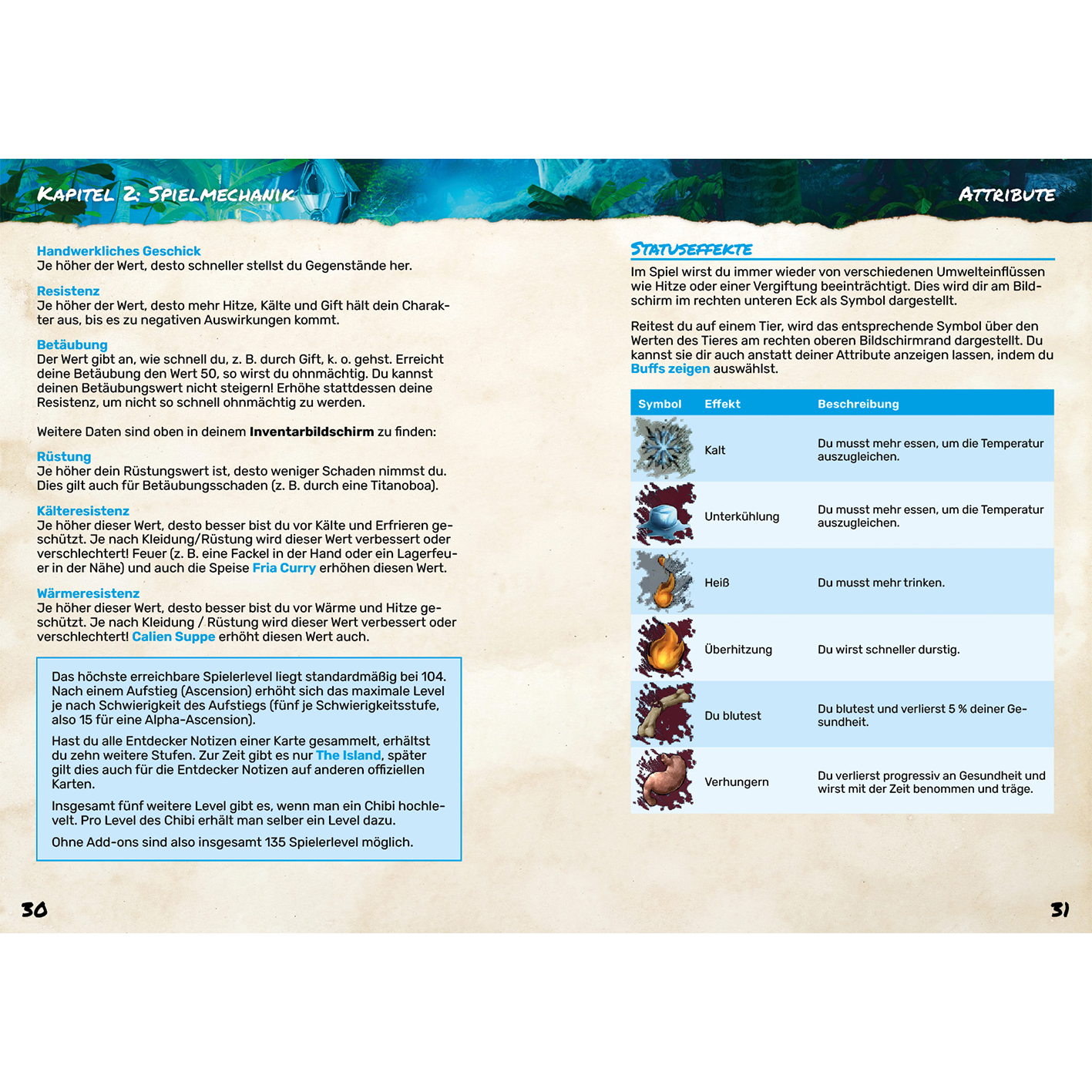 Spielseite mit Text, Symbolen und Beschreibung der Spielmechanik und Statuseffekte.