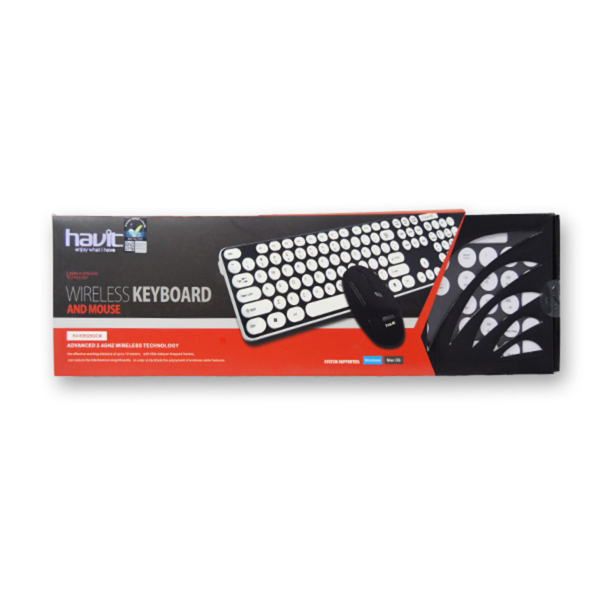 Combo de teclado y ratón en caja. Teclas blancas y ratón negro.