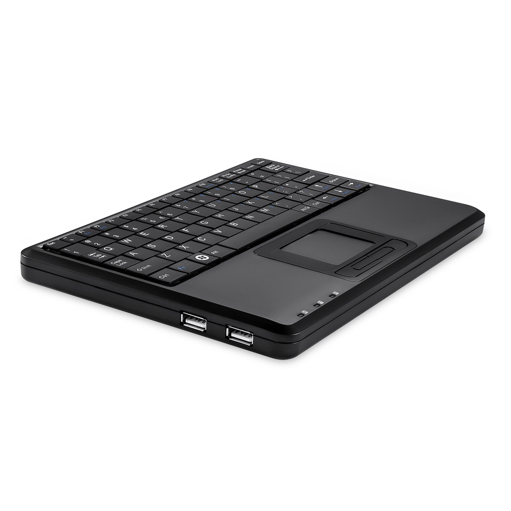 Schwarze Tastatur mit Touchpad und zwei USB-Anschlüssen. Die Tastatur befindet sich auf einer weißen Oberfläche.