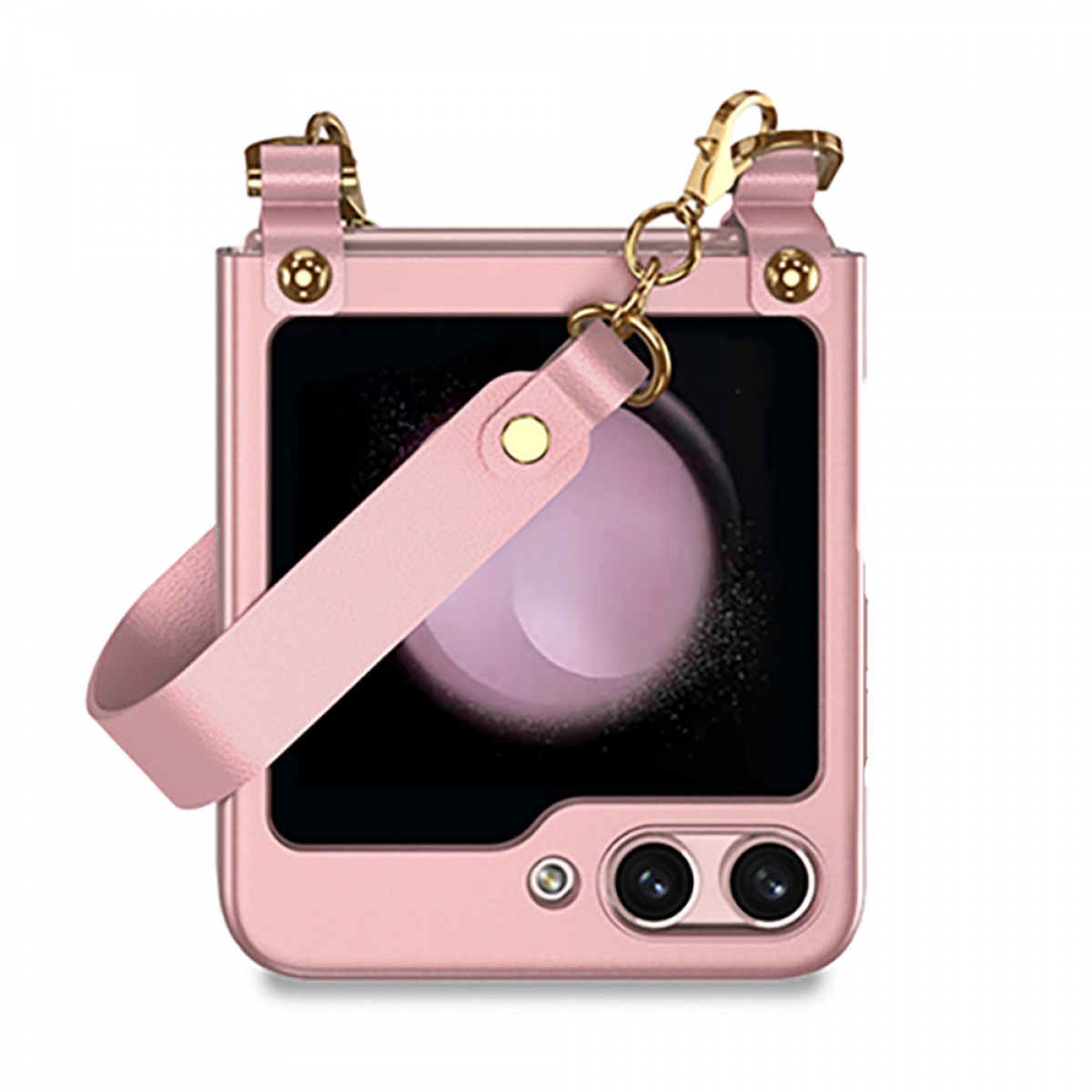 Rosa Handyhülle an einem Telefon mit Riemen.
