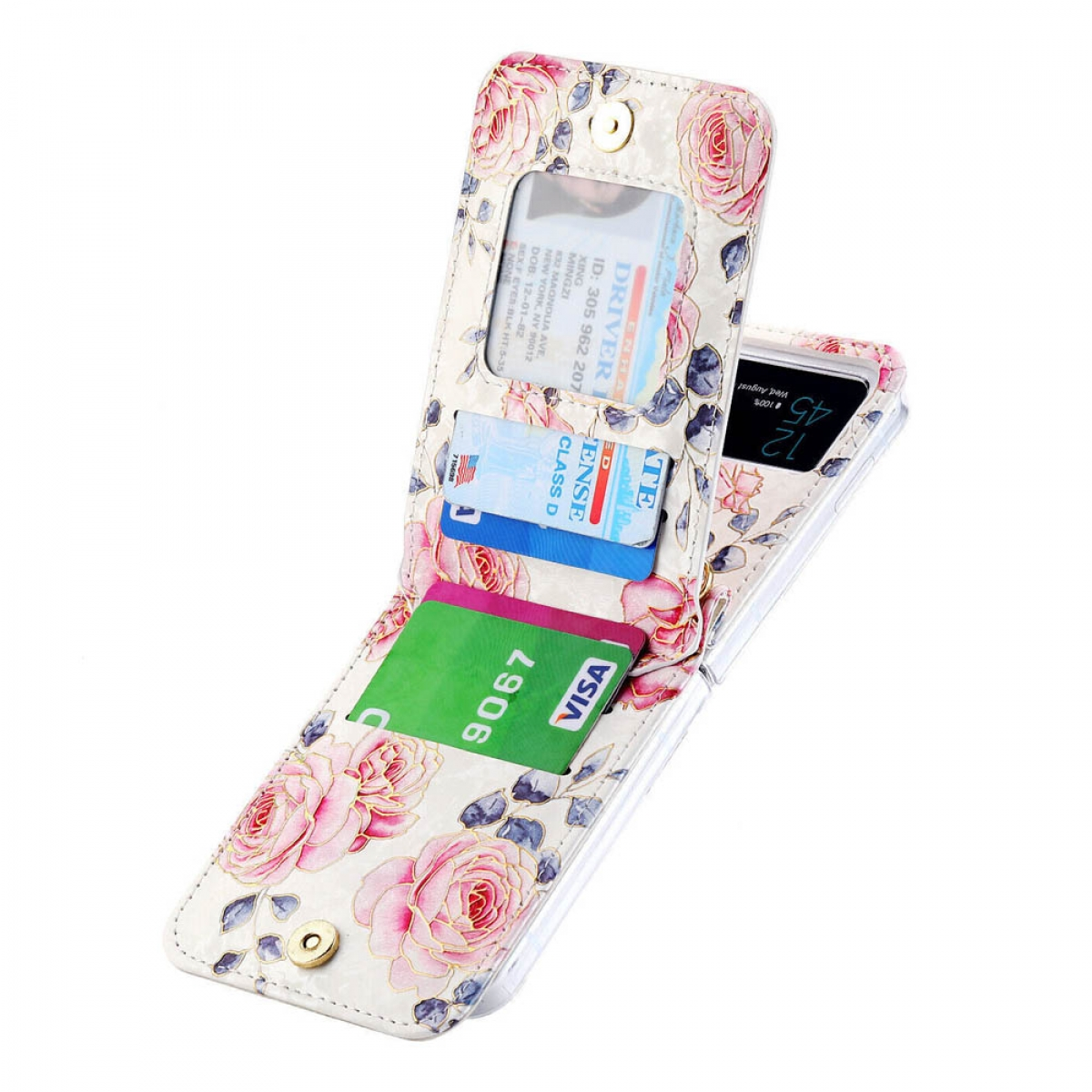 Handyhülle mit floralem Design. Zeigt Karten und ein Telefon. Offene und geschlossene Positionen.