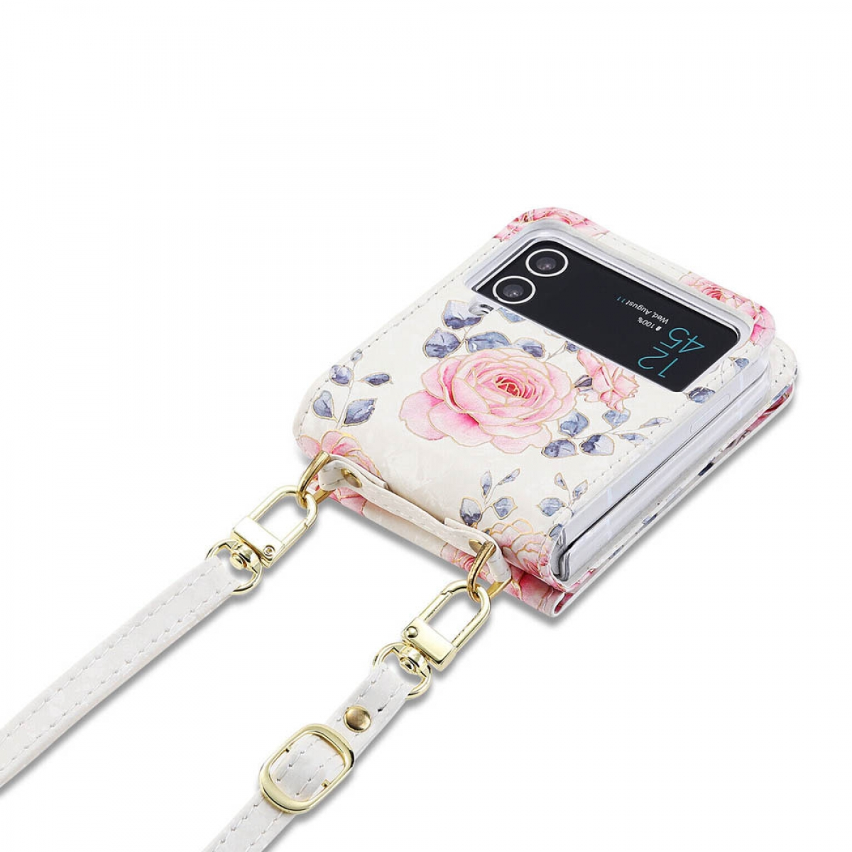 Weiße Handyhülle mit Blumendesign und weißem Riemen. Telefon zeigt die Uhrzeit an.