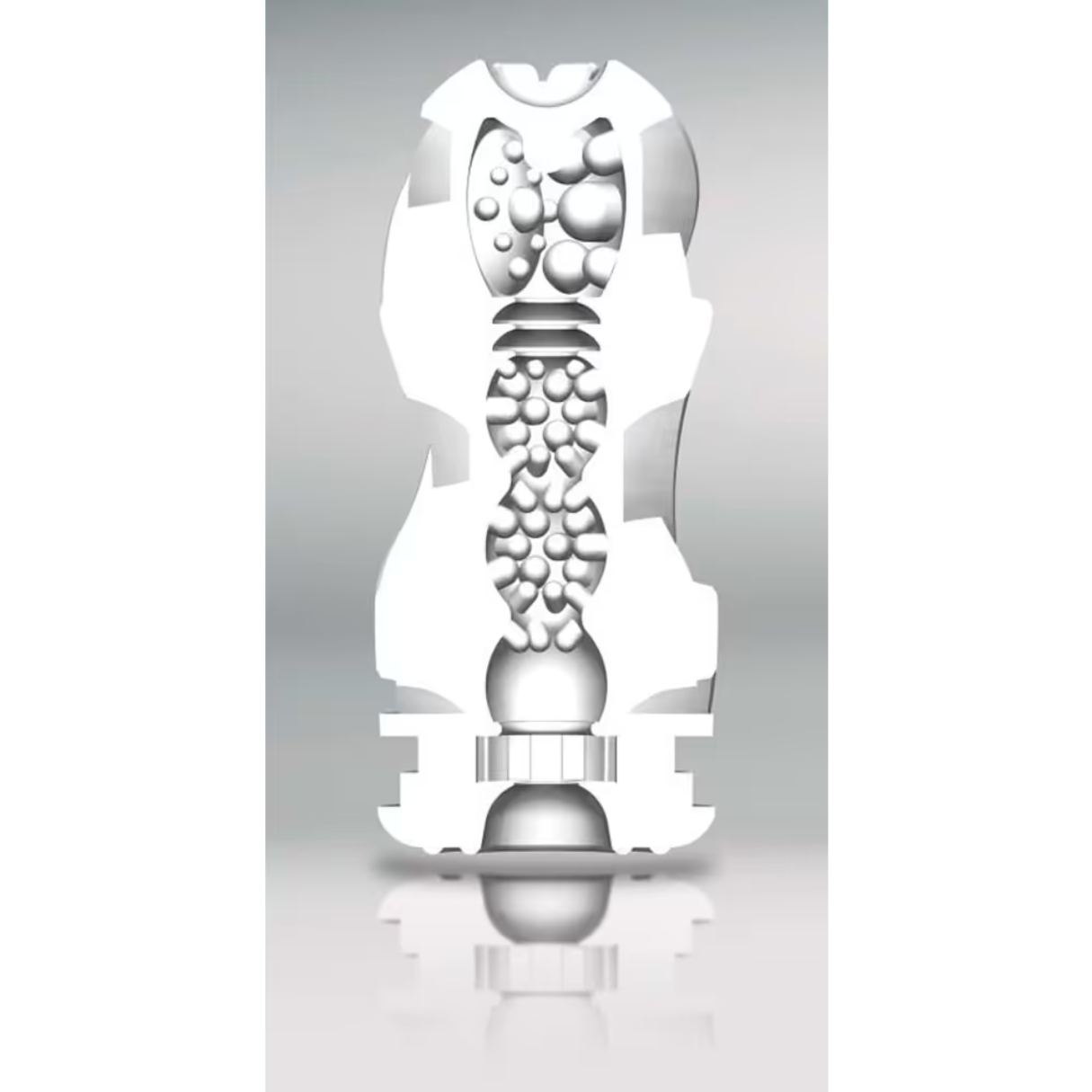 Diagram białej zabawki erotycznej, pokazujący jej wewnętrzną strukturę z kulami i kształtami, na tle gradientu.