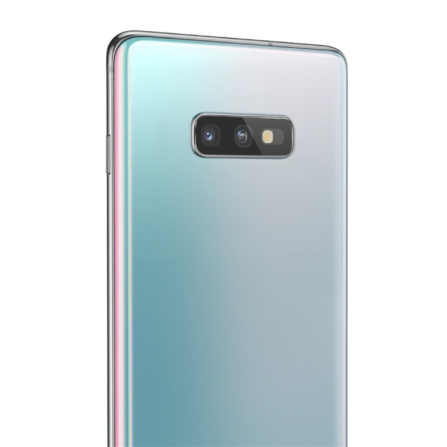 Nahaufnahme der Rückseite eines Telefons mit drei Kameras. Das Telefon ist hellblau.