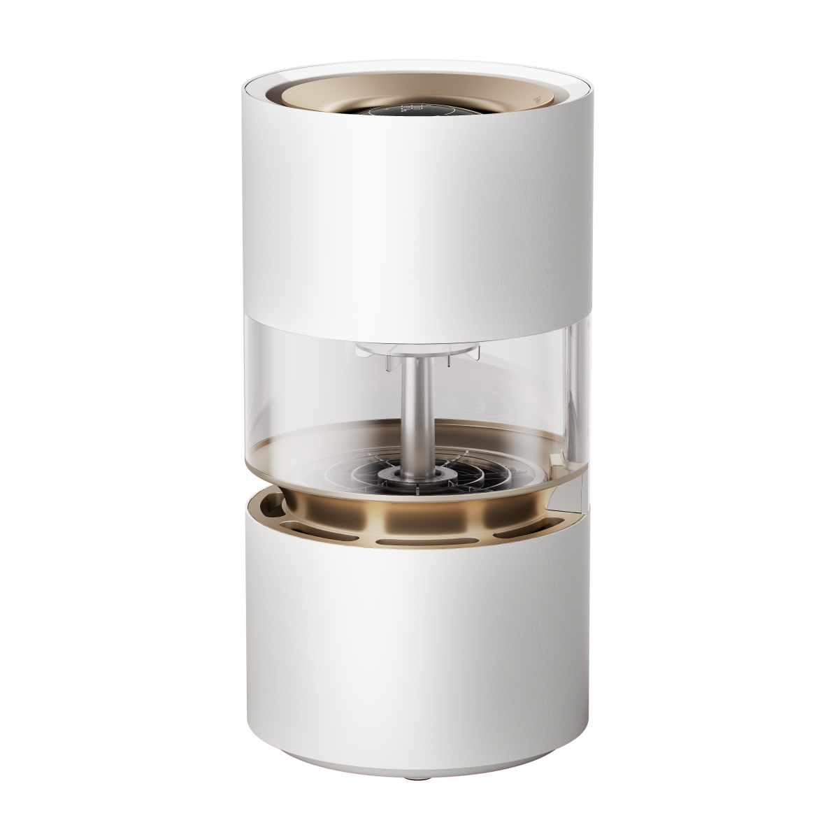 Purificatore d'aria bianco e oro. Sfondo bianco.