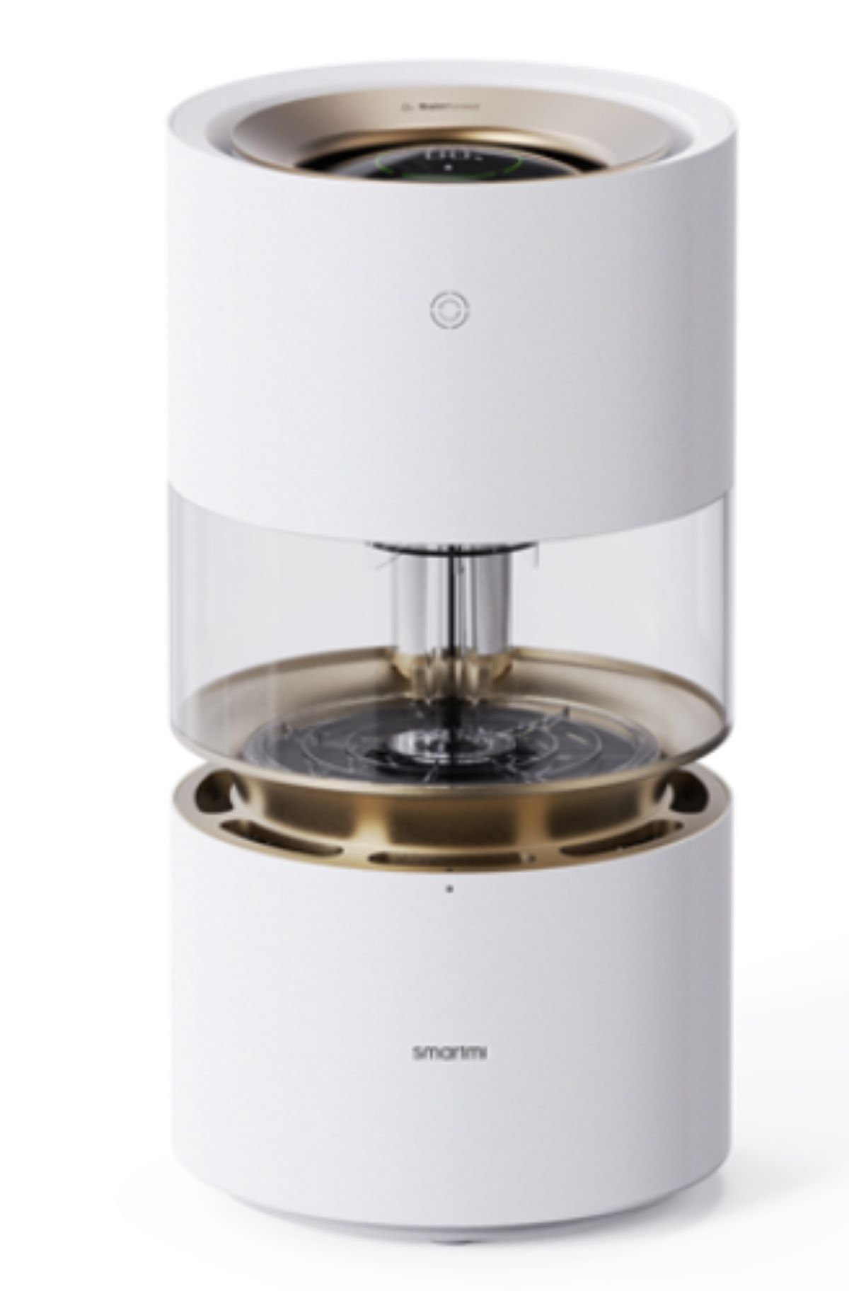 Purificatore d'aria bianco con dettagli dorati, forma cilindrica e sezione trasparente.