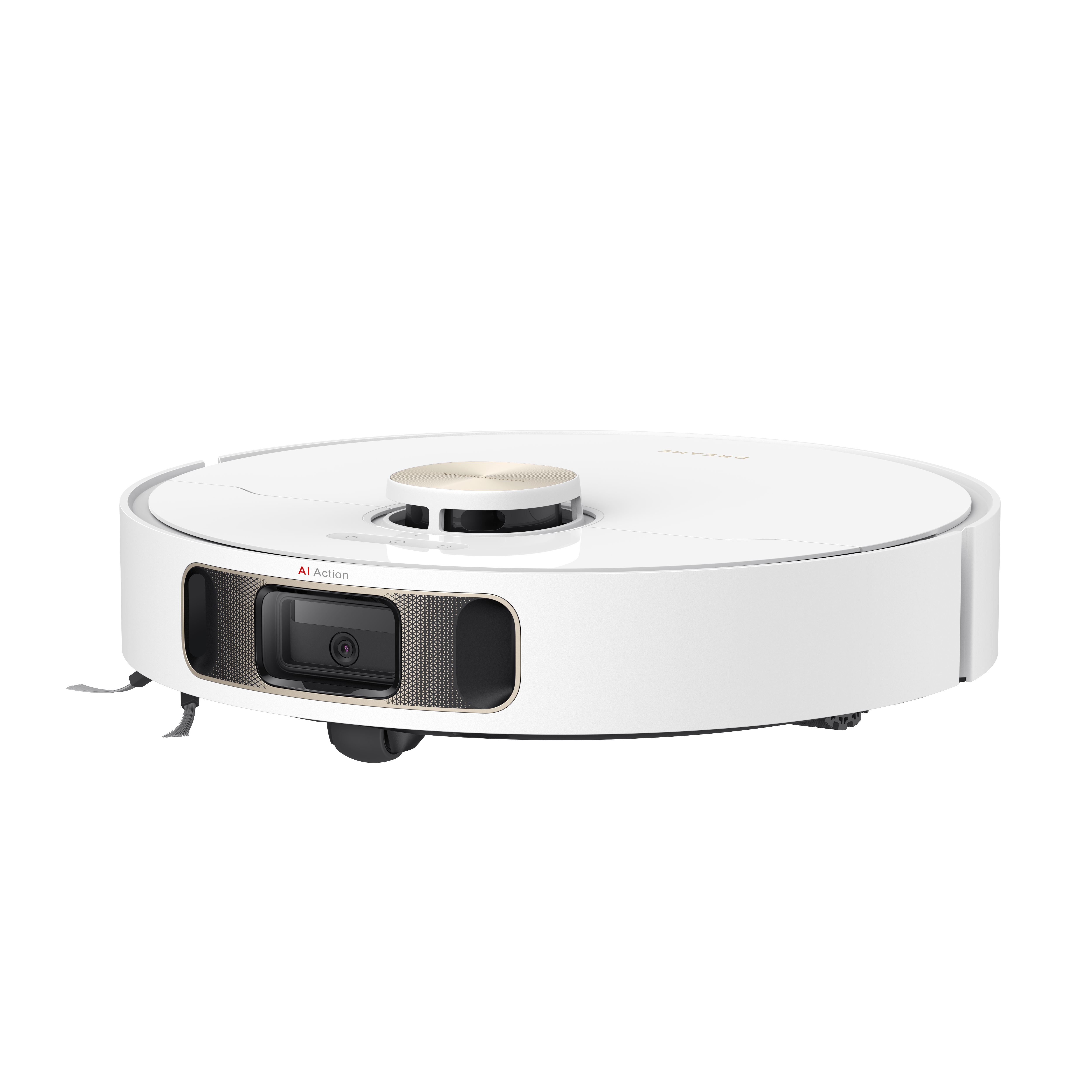 Ein weißer Roboter-Staubsauger mit rundem Design und einer Kamera auf weißem Untergrund.