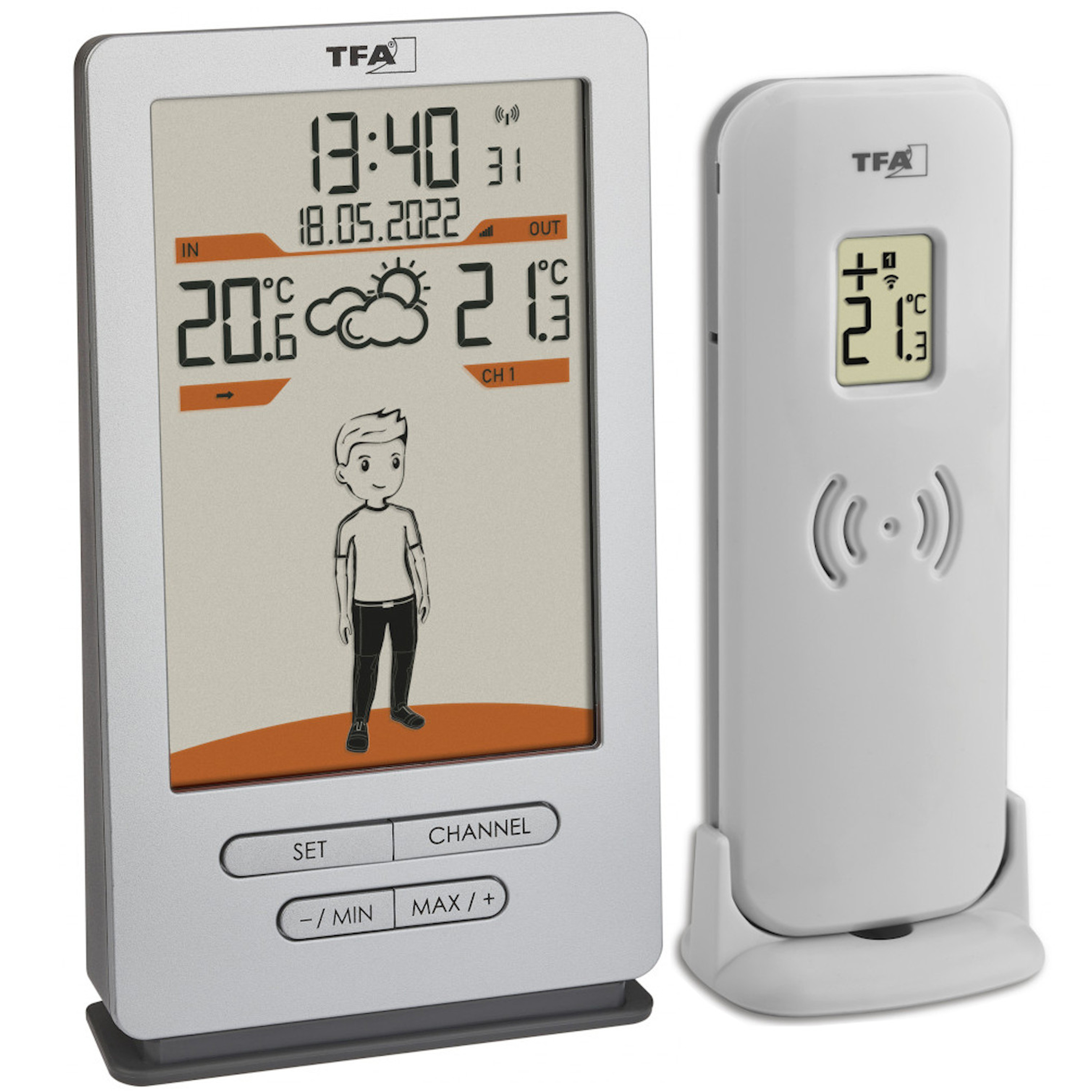 Digitale Wetterstation mit Innen- und Außentemperaturanzeige. Zeigt Datum und Uhrzeit.