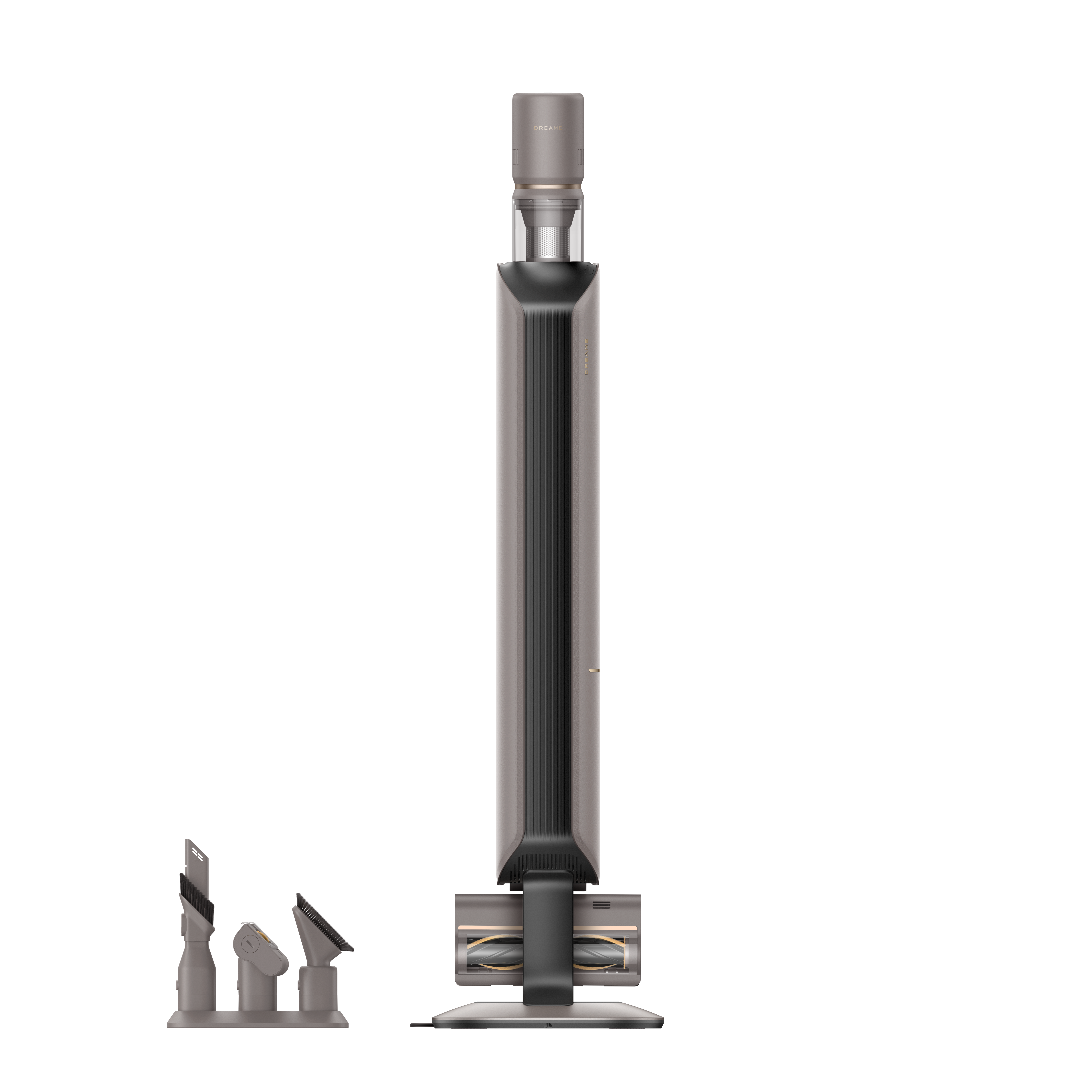 Ein grauer und silberner Staubsauger mit mehreren Aufsätzen auf schwarzem Hintergrund.