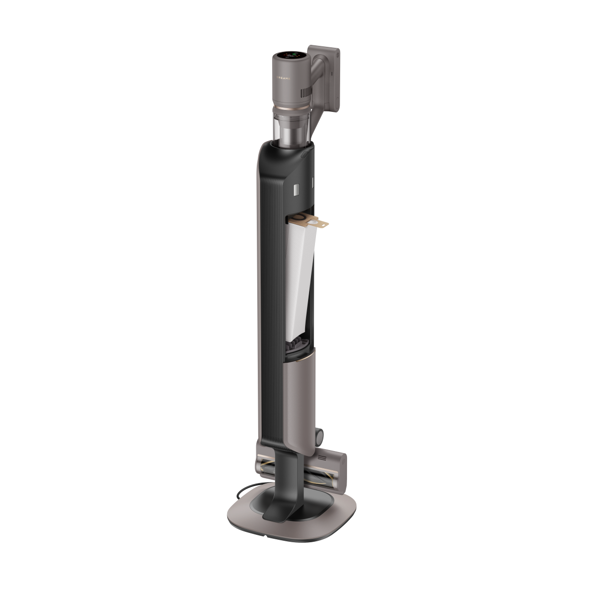 Srebrny i czarny odkurzacz na czarnym tle.