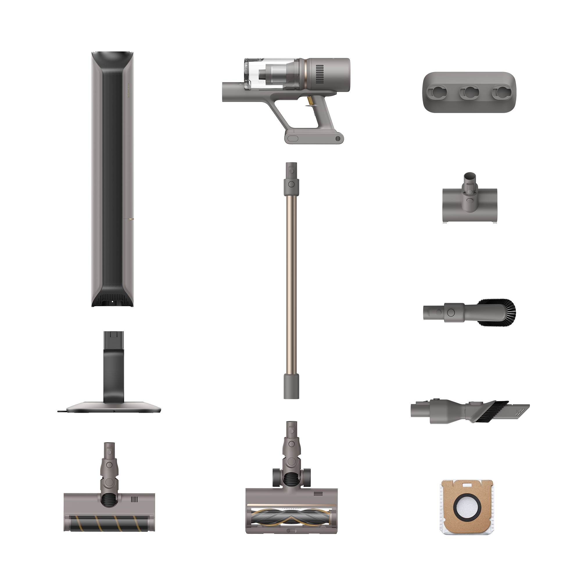 Zestaw części do odkurzacza w widoku z góry. Części są szare.