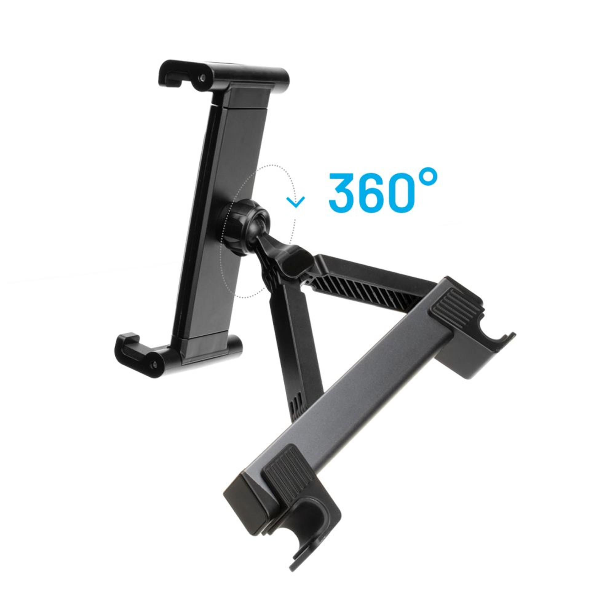 Tabletständer in Schwarz, mit 360-Grad-Drehung, durch einen Pfeil angezeigt.