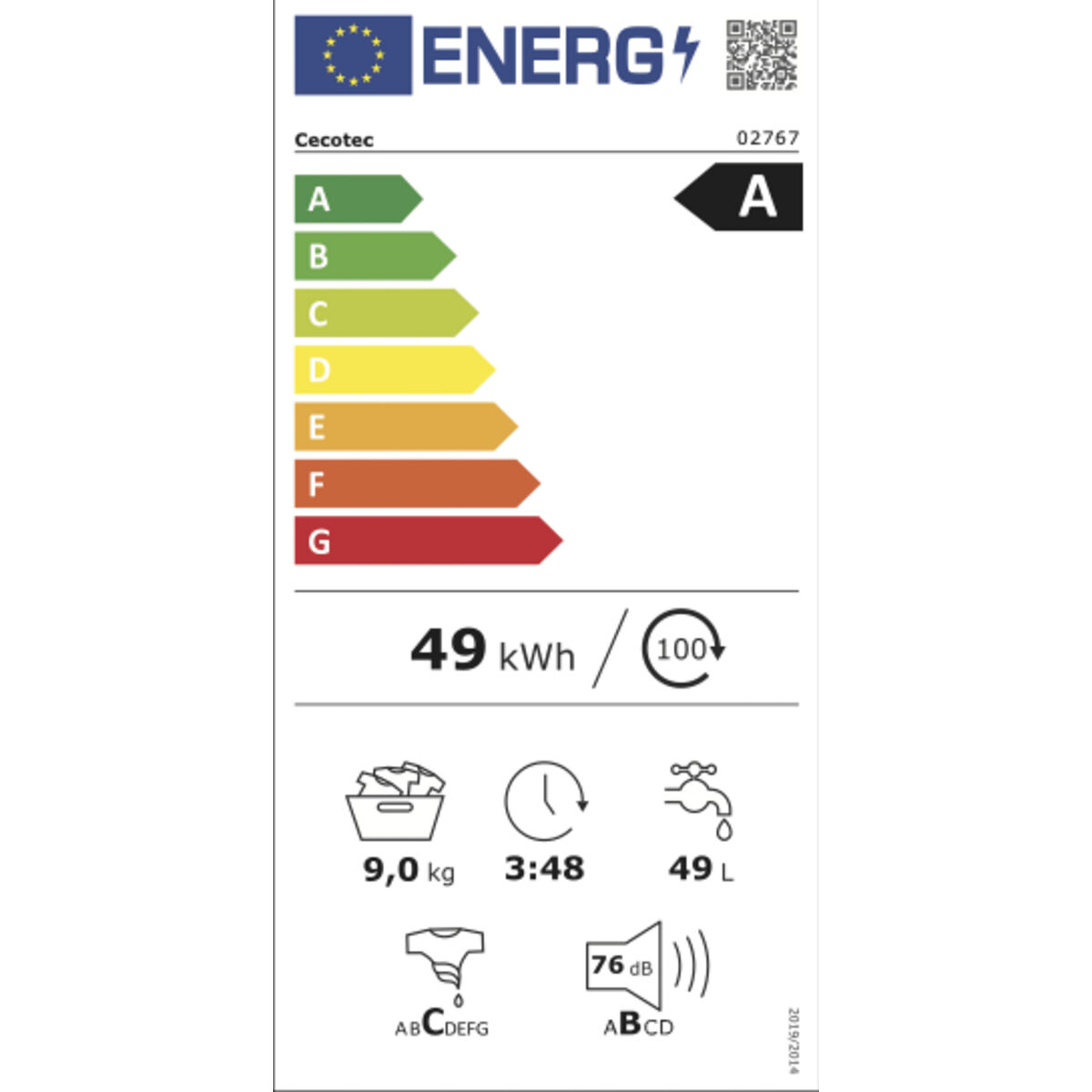 Un'etichetta di efficienza energetica con valutazioni e informazioni. L'etichetta mostra il marchio e il consumo energetico.
