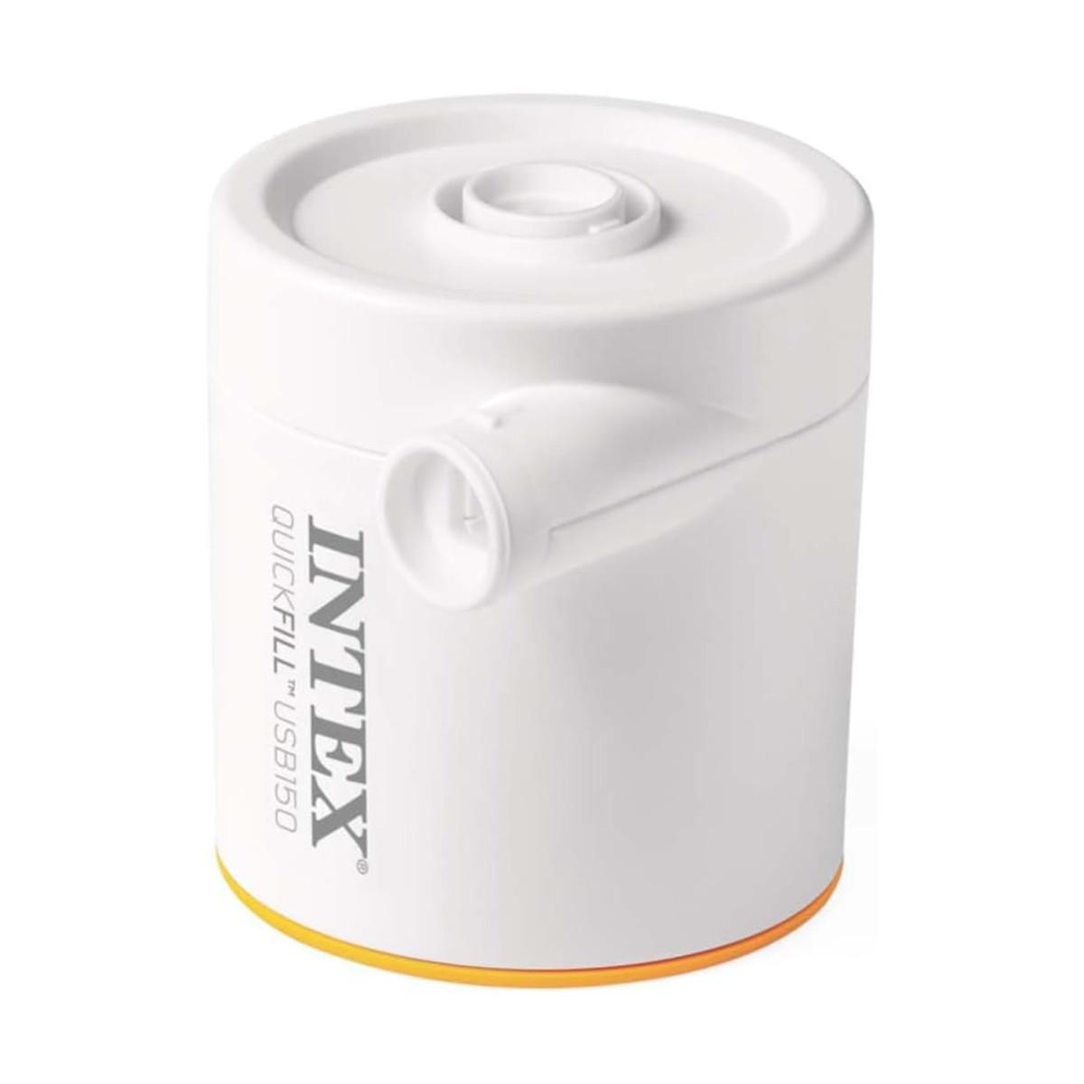 Weiße und orangefarbene Intex Quick Fill USB150 Luftpumpe, zylindrische Form, weißer Hintergrund.