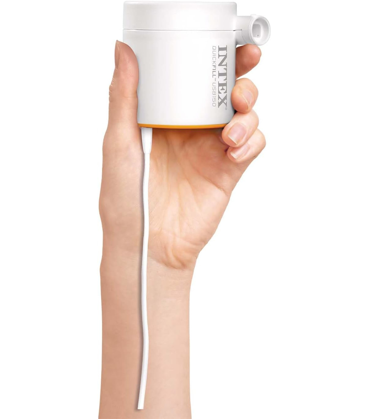 Weiße und orange Hand hält einen weißen Behälter.