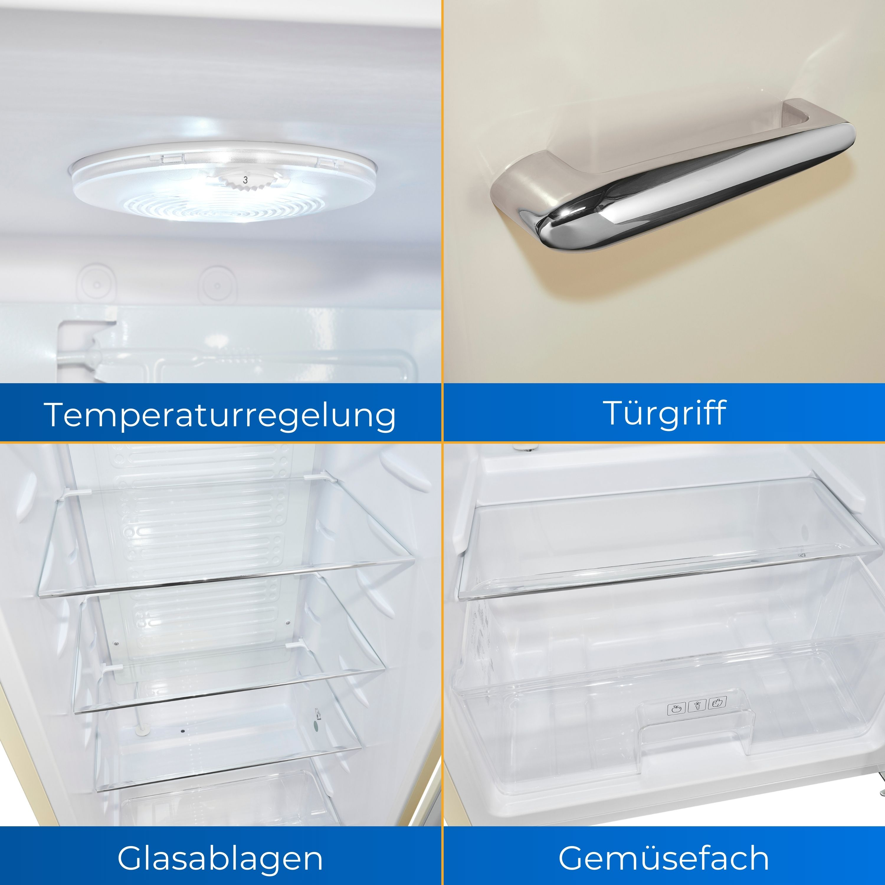 Kühlschrankdetails: Temperaturregelung, Türgriff, Glasablagen und Gemüsefach.
