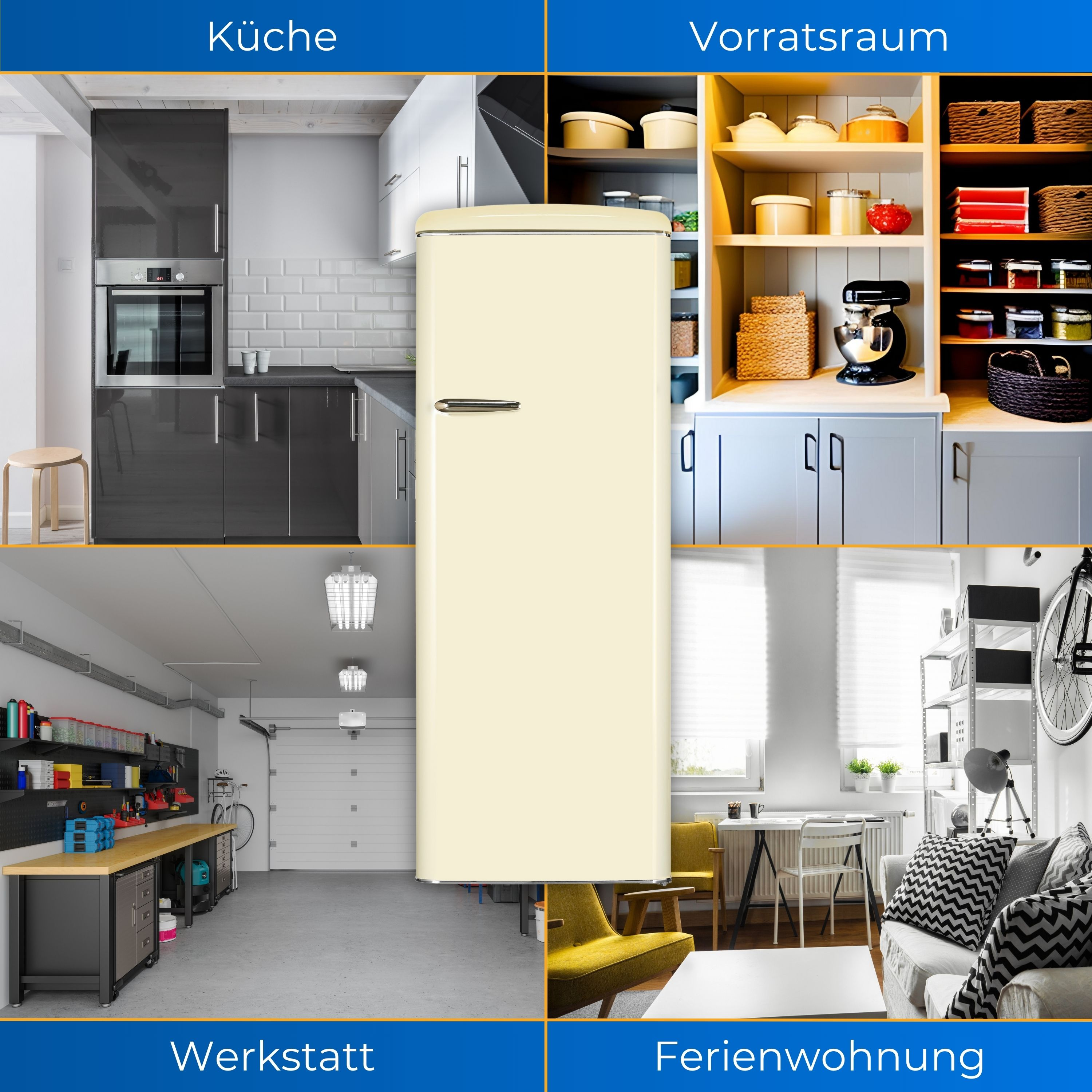 Interior Design Collage. Küche, Speisekammer, Werkstatt und Wohnzimmer mit Retro-Kühlschrank.