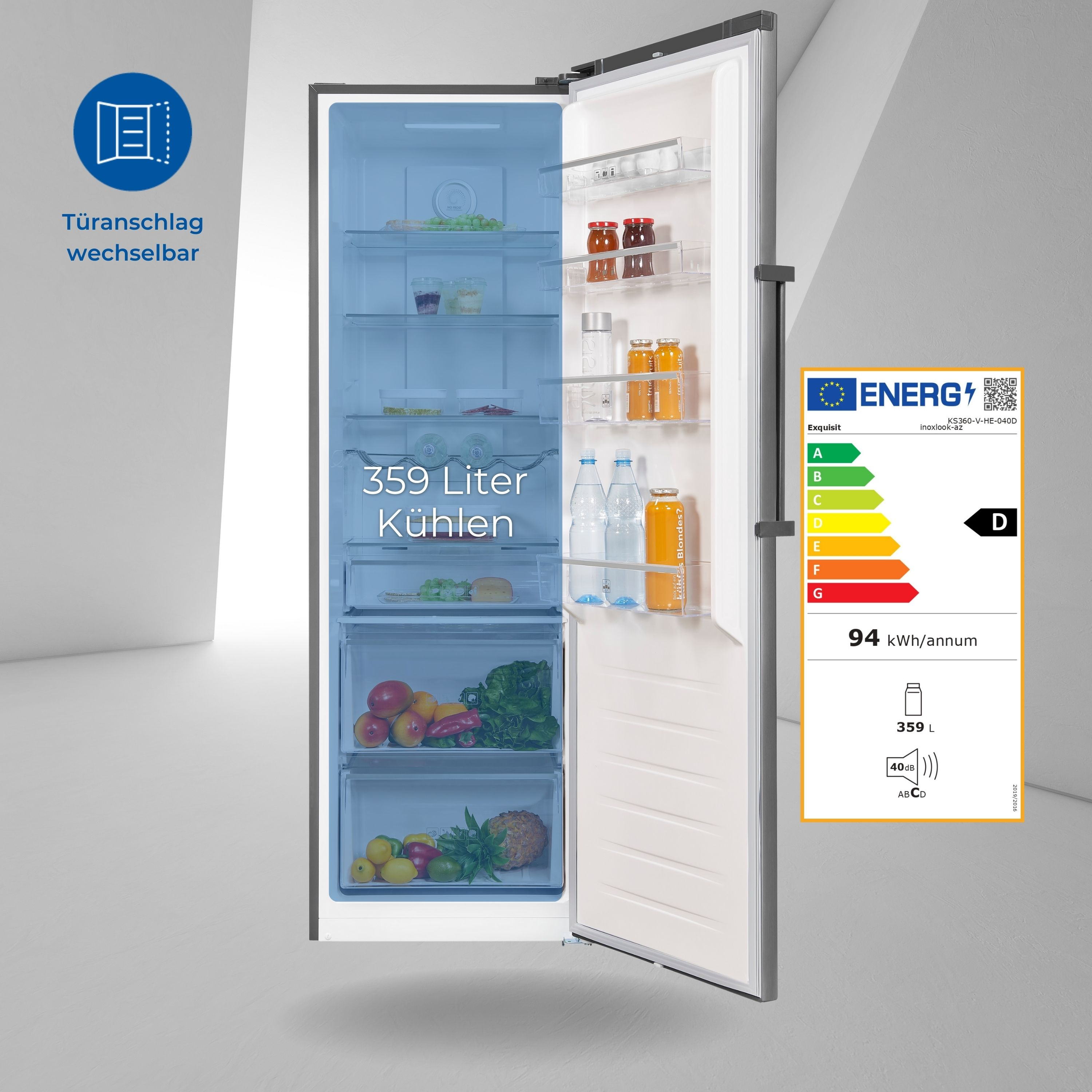 Kühlschrank mit offener Tür, Innenansicht der Regale, beschriftet, weißer Hintergrund.