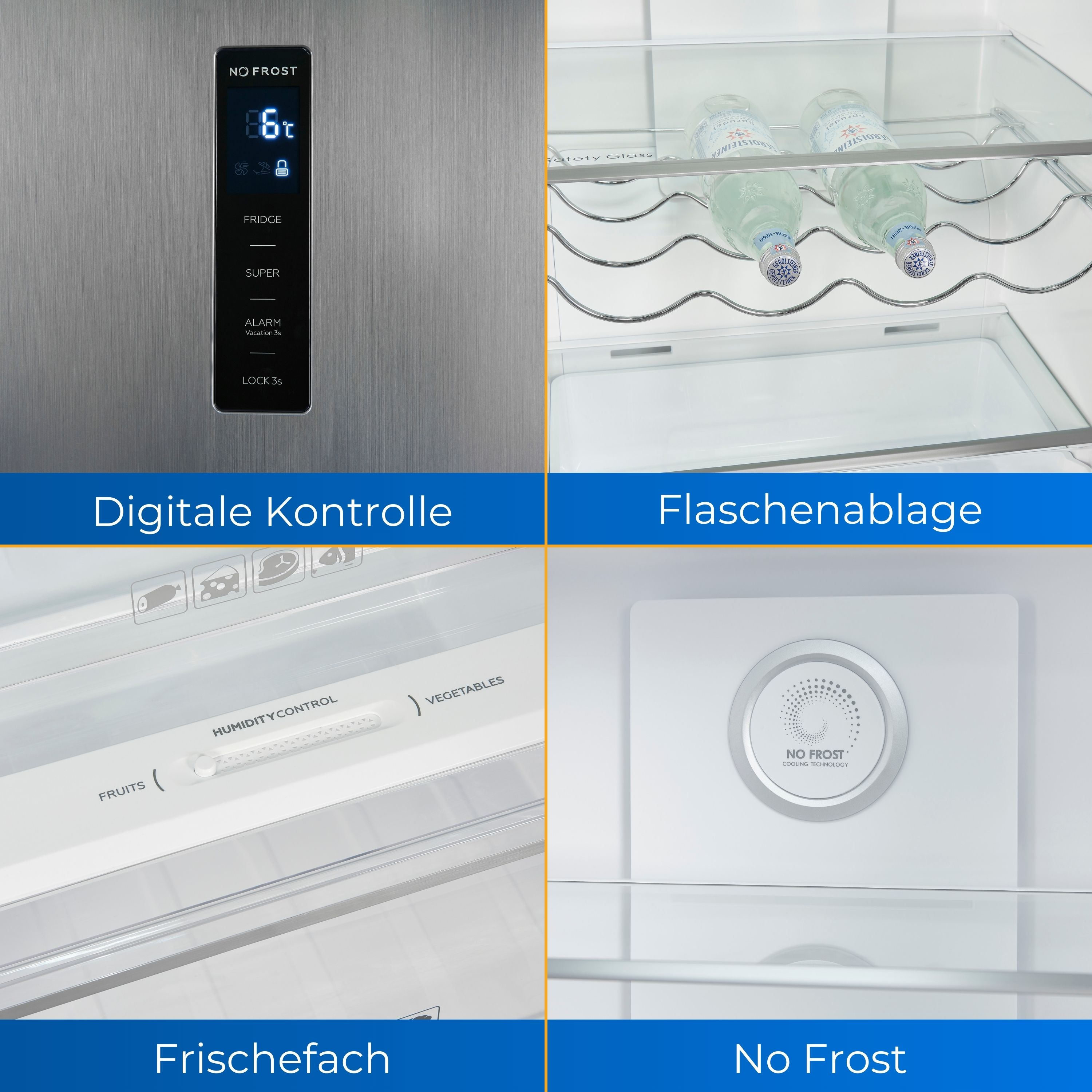 Kühlschrankinnenraum mit digitaler Steuerung, Regalen mit Flaschen und Frischhaltefach.