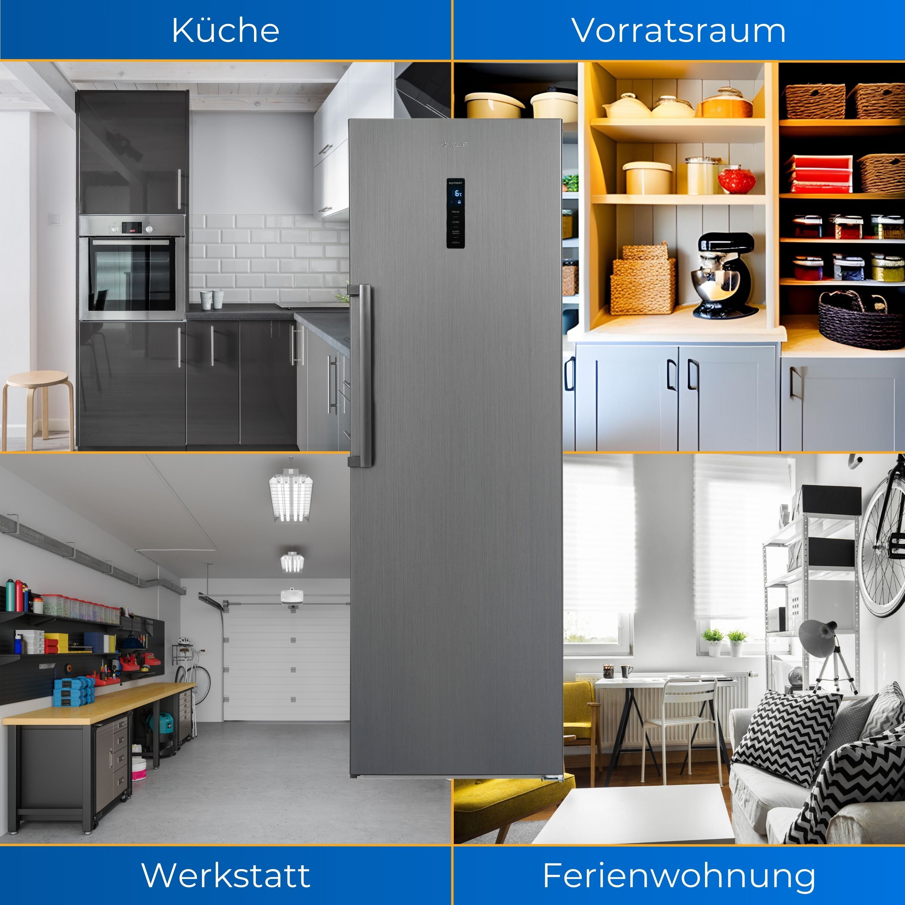 Eine Collage mit Küche, Speisekammer, Werkstatt und Wohnung. Ein Kühlschrank steht im Zentrum.