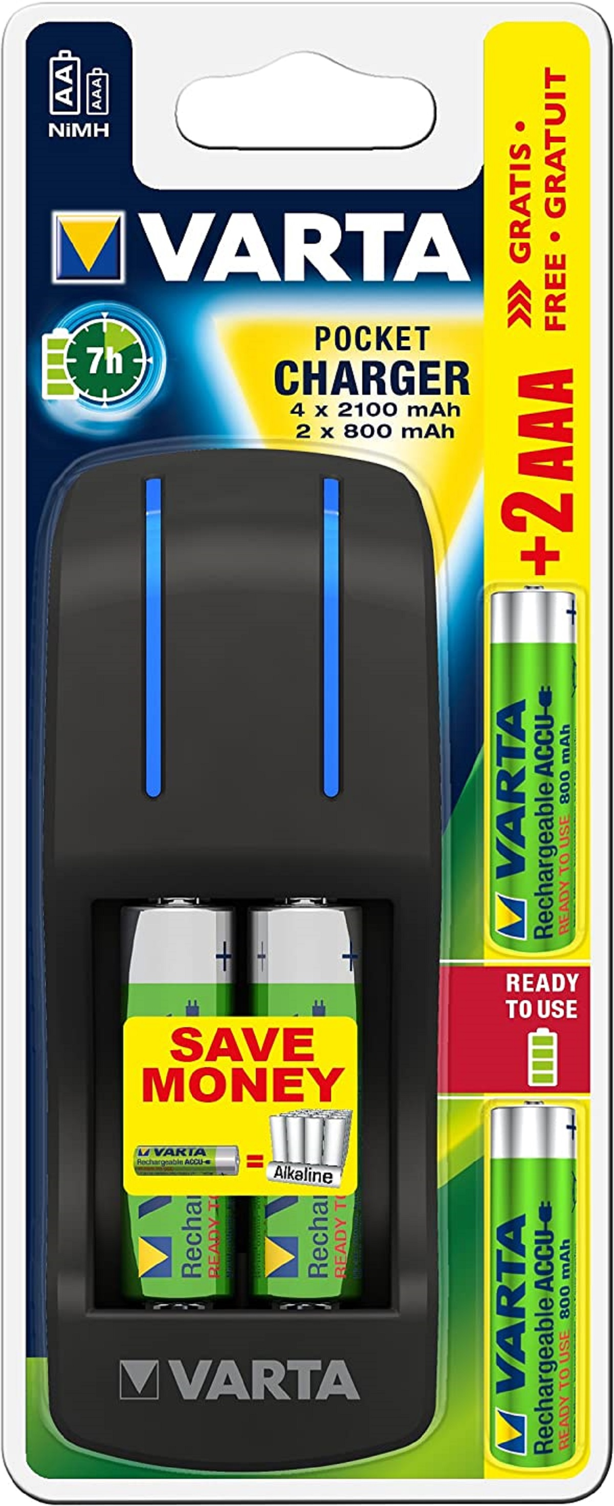 Cargador de bolsillo VARTA para pilas AAA. Contiene pilas y cargador. Envase muestra 'FREE +2 AAA'.