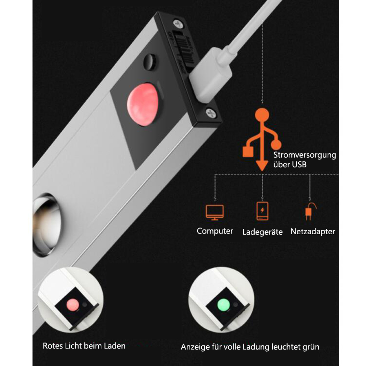 Silbernes Gerät mit rotem Licht. USB-Kabel und ein Diagramm der Anschlüsse.