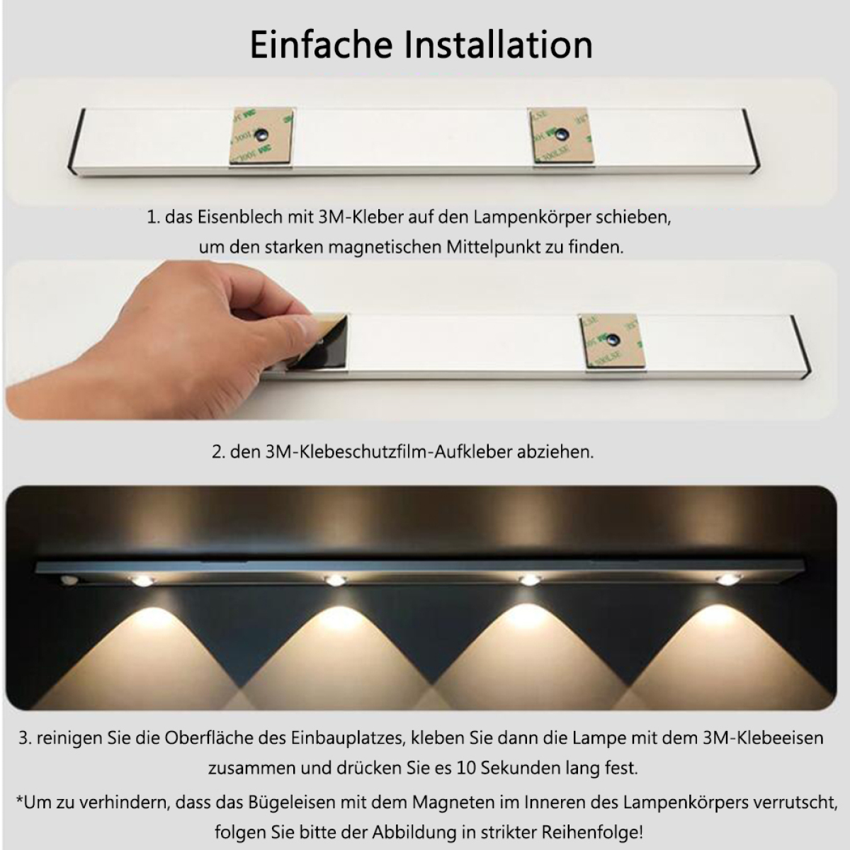 Installationsschritte einer LED-Lichtleiste, die Klebstoffanwendung und Platzierung zeigt.
