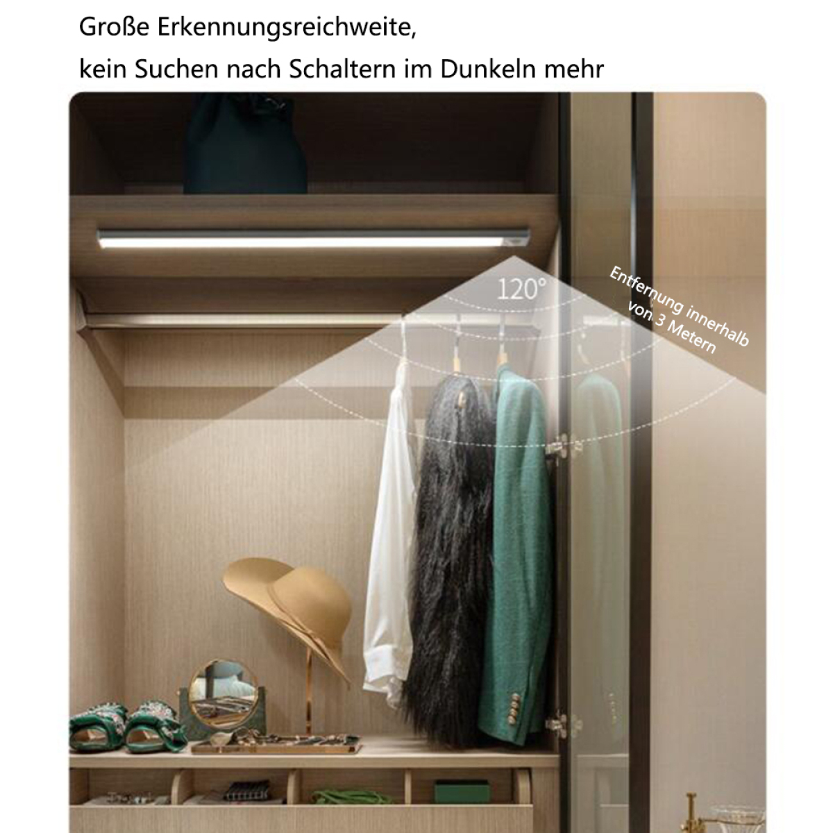 Kleiderschrank mit Lichtleiste, Kleidung und Hut. Text: Große Erkennungsreichweite.