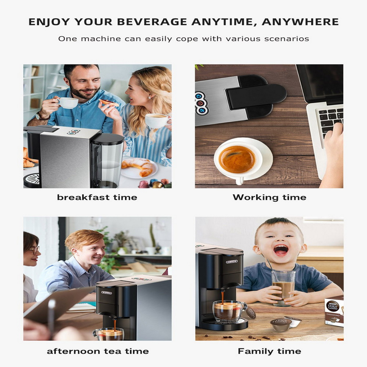 Kolaż przedstawia osoby korzystające z ekspresu do kawy w różnych ustawieniach: śniadanie, praca, herbata, rodzina.