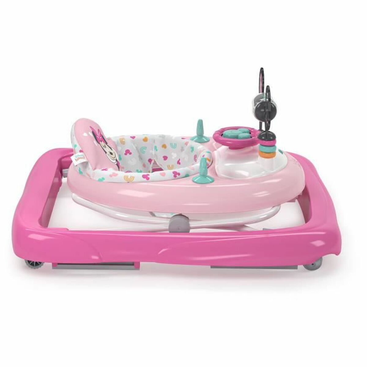Andador rosa para bebé con volante y juguetes. Tema de Minnie Mouse.