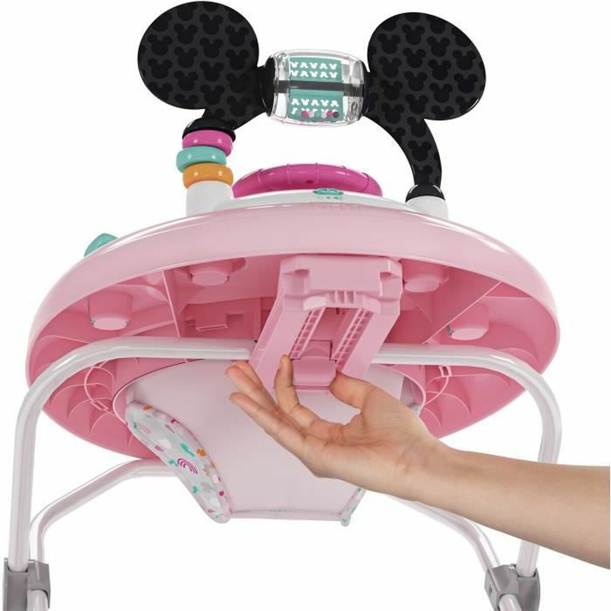 Andador rosa para bebés con tema de Minnie Mouse, incluyendo orejas de Minnie y una bandeja rosa.