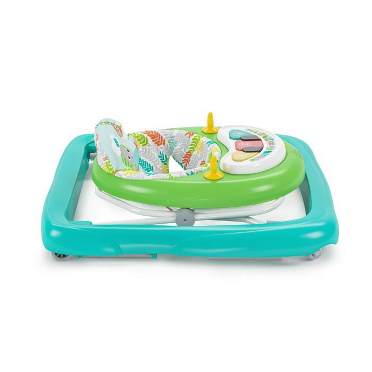 Baby-Walker mit grüner Basis, Sitz mit bunten Mustern und Spieltablett.