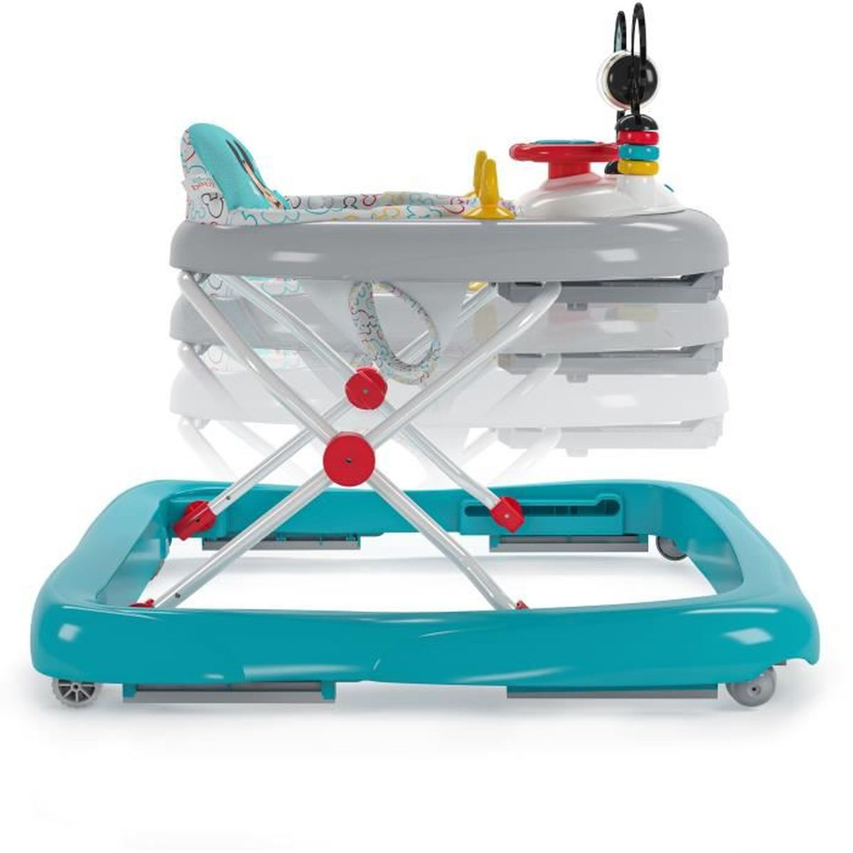 Andador para bebé con asiento, volante y juguetes. Base turquesa, parte superior blanca y gris.
