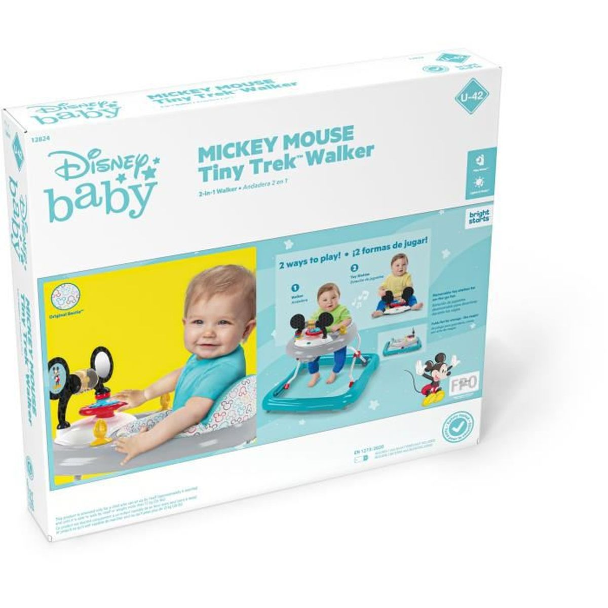 Caja con andador para bebé con gráficos de bebé y Mickey Mouse.