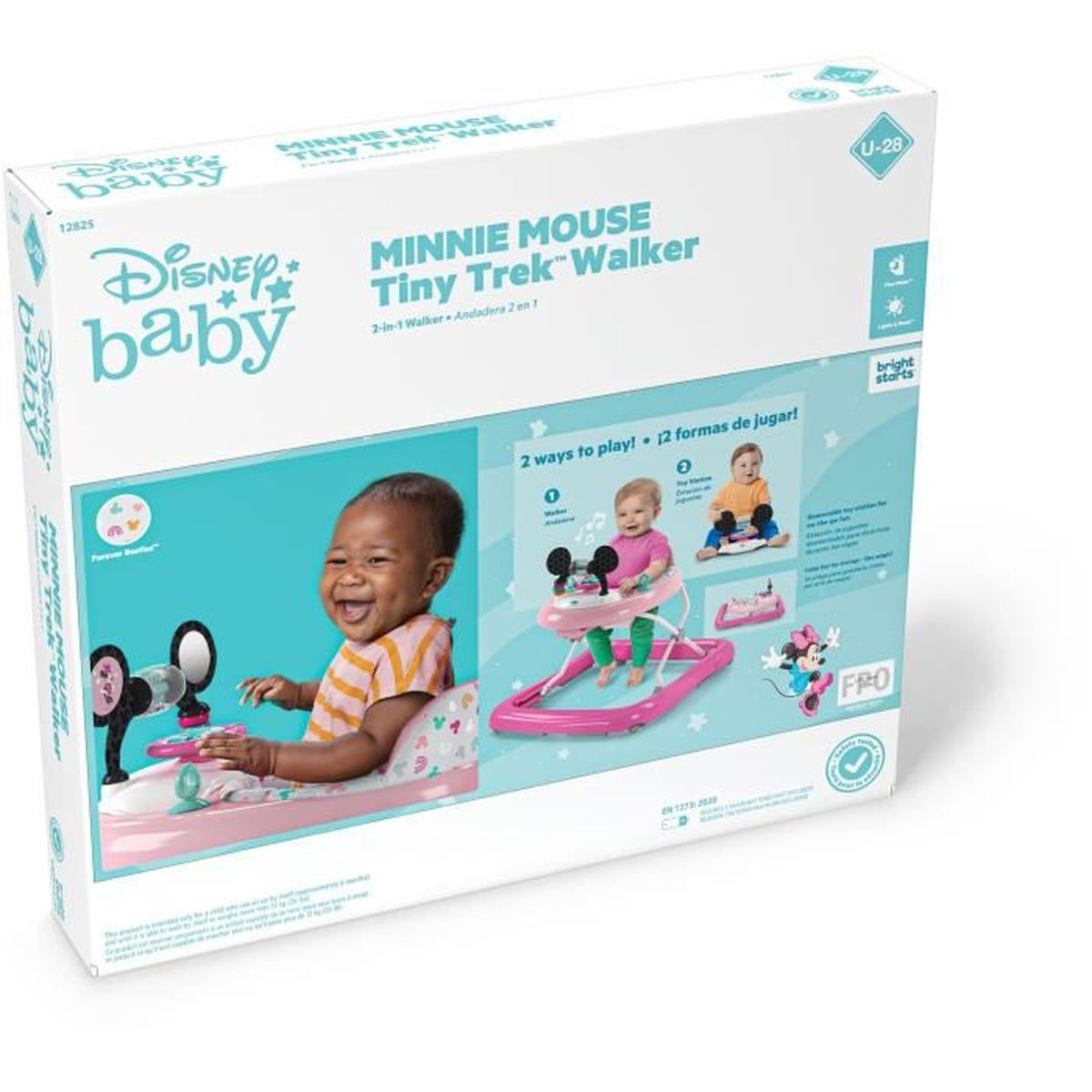 Caja con andador para bebé. Un bebé está en el andador. La caja está etiquetada con 'Minnie Mouse'.