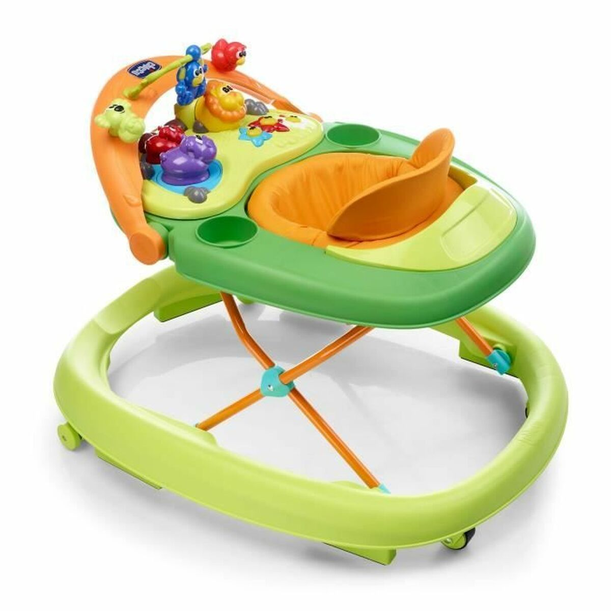 Trotti-trotteur pour bébé avec base verte, siège orange et accessoires de jouets. Couleurs vives.