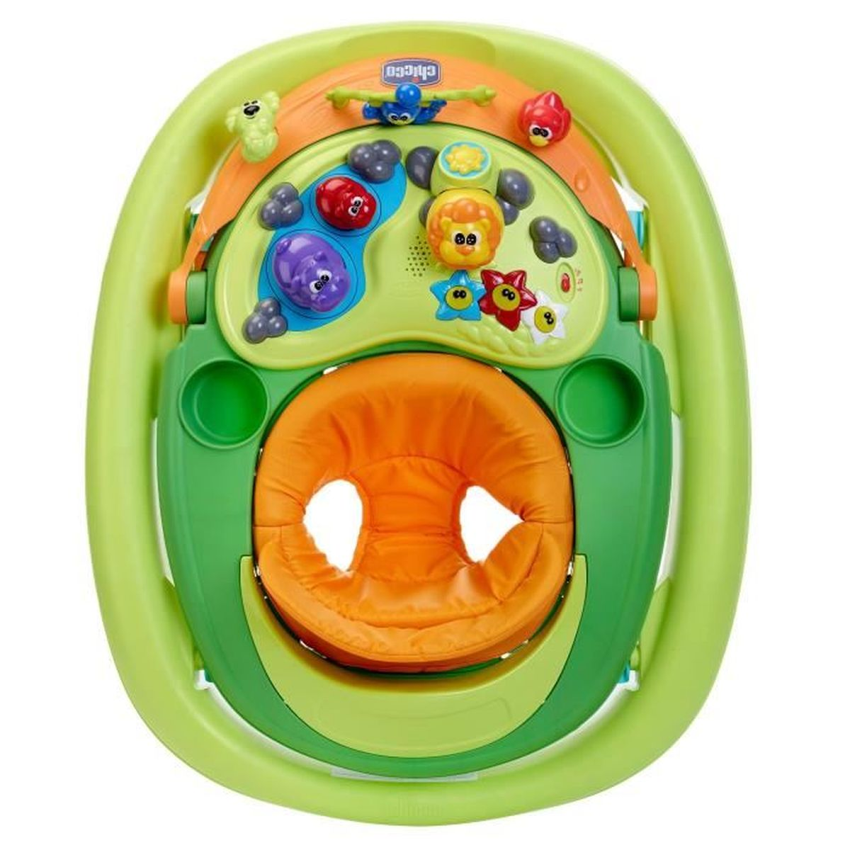 Un trotteur pour bébé Chicco vert et orange. Il a des jouets et un siège pour bébé.