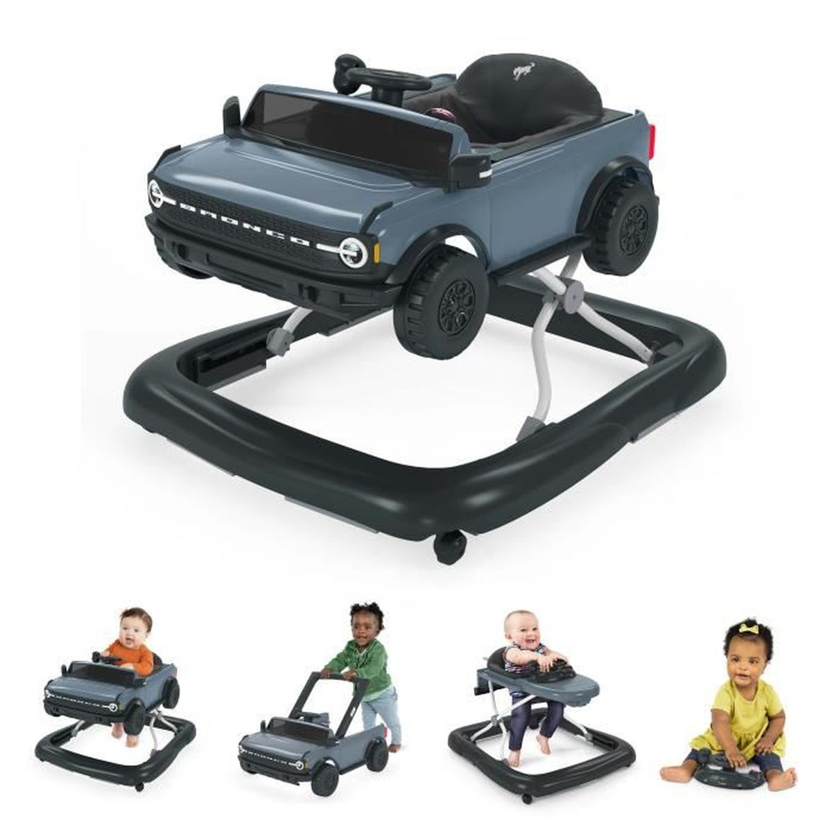 Ein Babywalker in Form eines grauen SUVs, mit vier Babys, die ihn benutzen. Mehrere Babys.