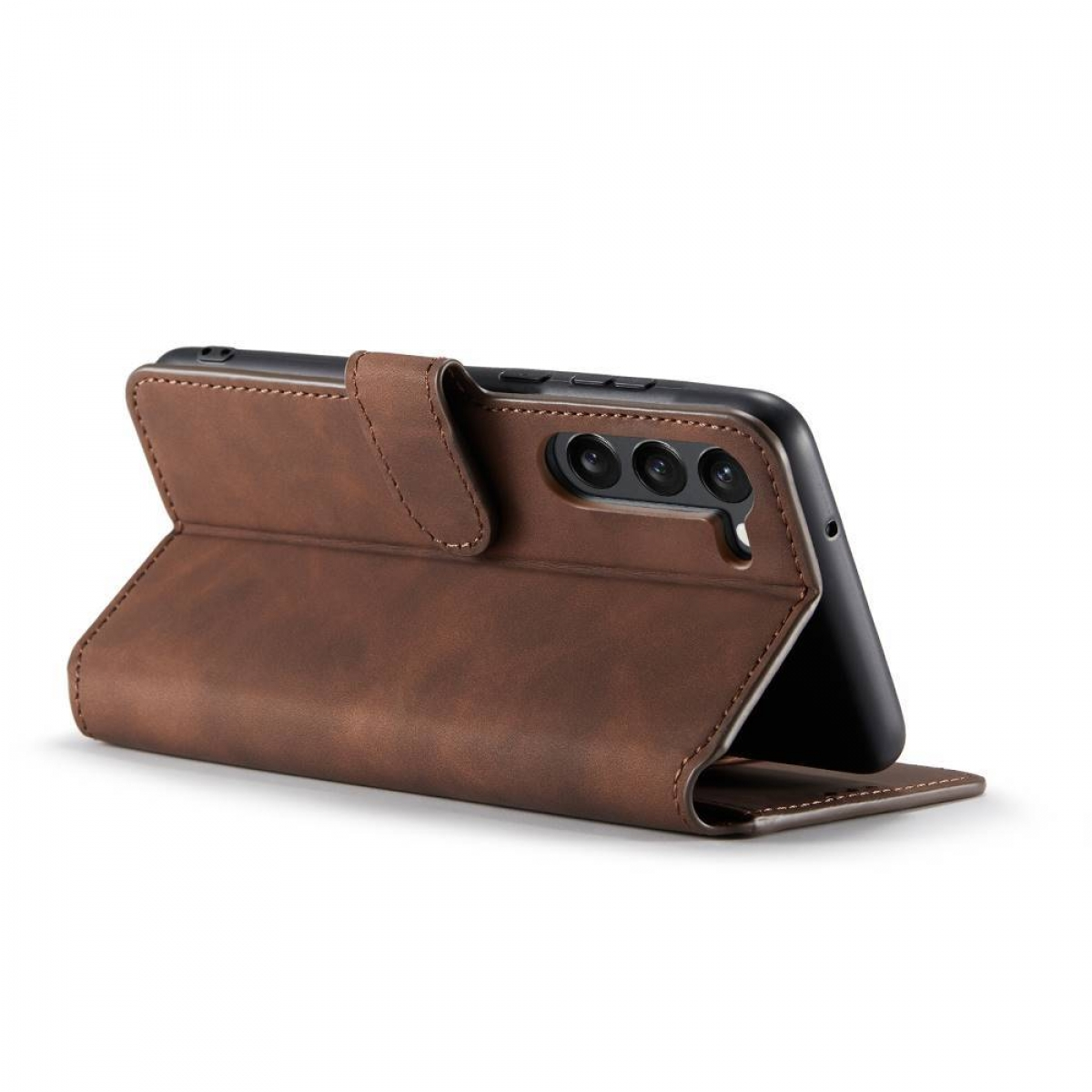 Braune Leder-Handyhülle, offen mit Telefon darin. Das Telefon hat mehrere Kameras.