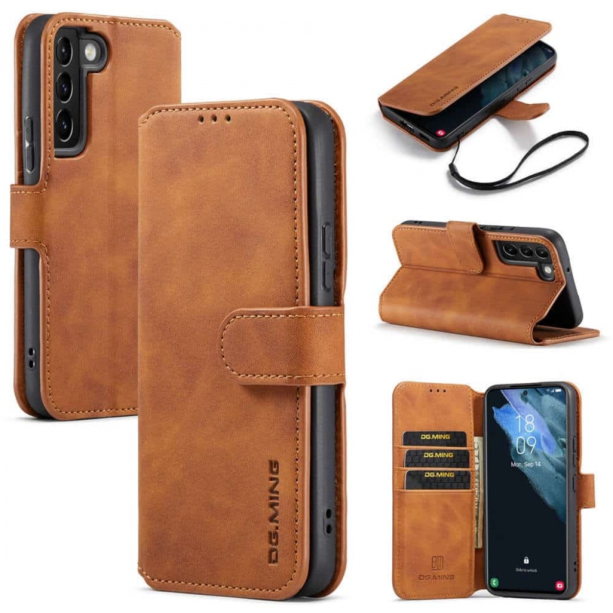 Braune Leder-Handyhülle mit Telefon. Mehrere Ansichten der geschlossenen, offenen Hülle und mit Karten.