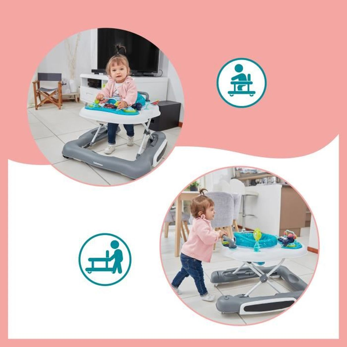 Zwei Bilder eines Babywalkers mit Baby, auf rosa und weißem Hintergrund.