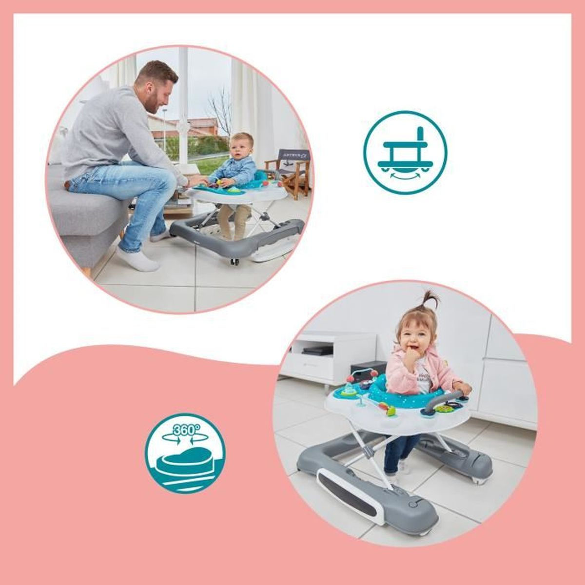 Ein Baby-Walker und ein Baby darin. Es gibt auch einen Mann und eine Frau.
