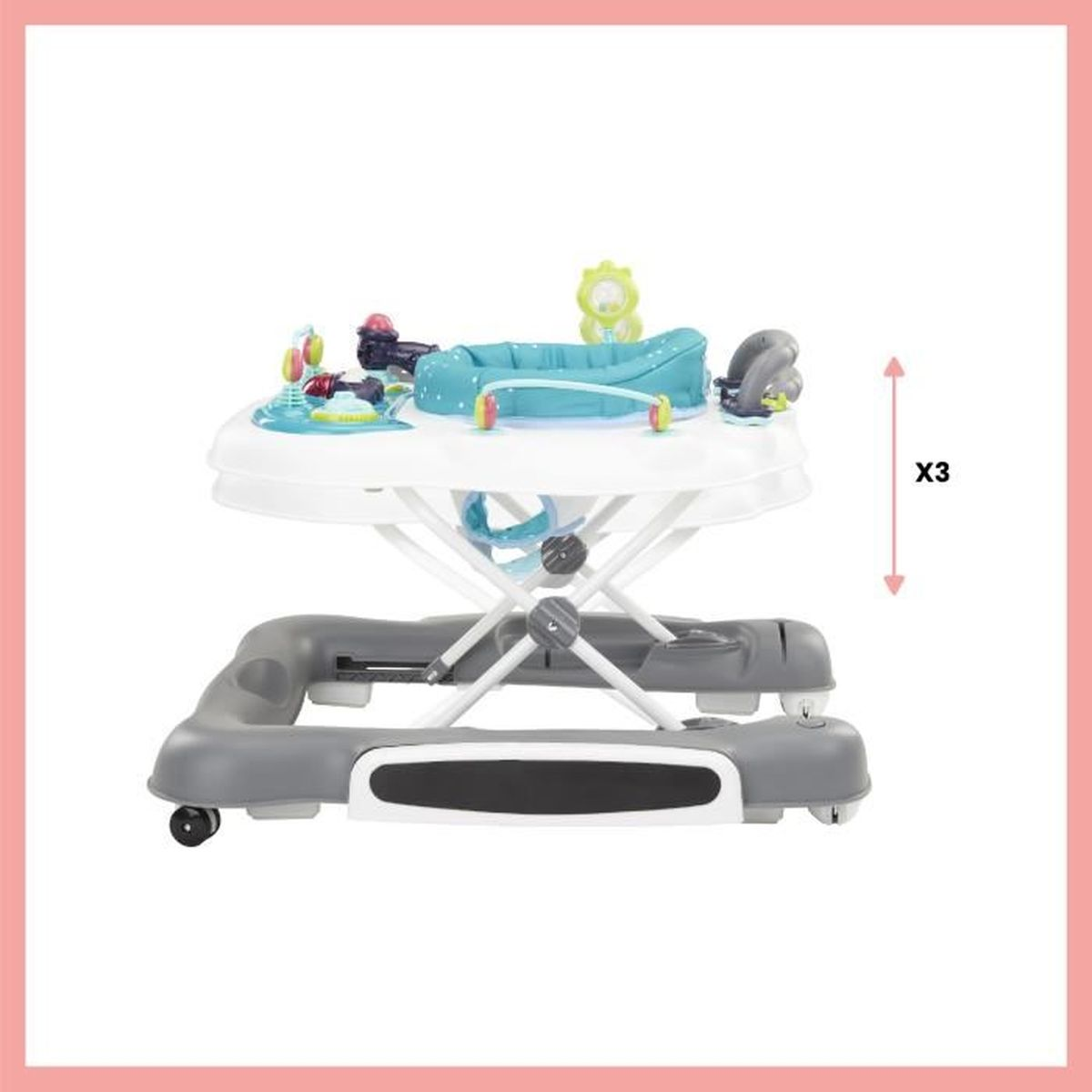 Ein Baby-Walker mit Spielzeug oben. Es hat ein weißes Tablett und eine graue Basis, in einem rosa Rahmen.